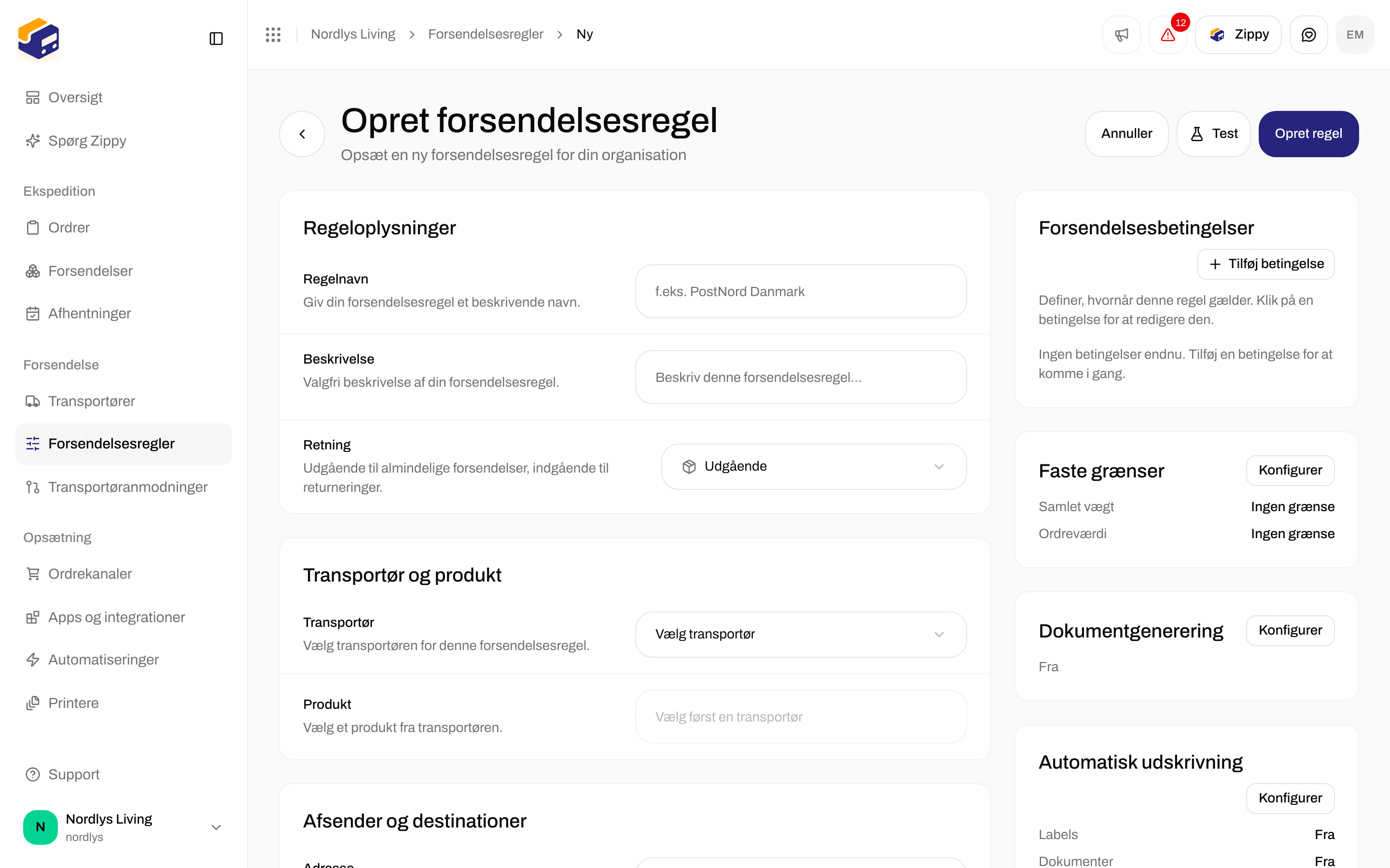 Opret forsendelsesregel med feltet Retning: udgående til almindelige forsendelser, indgående til returneringer