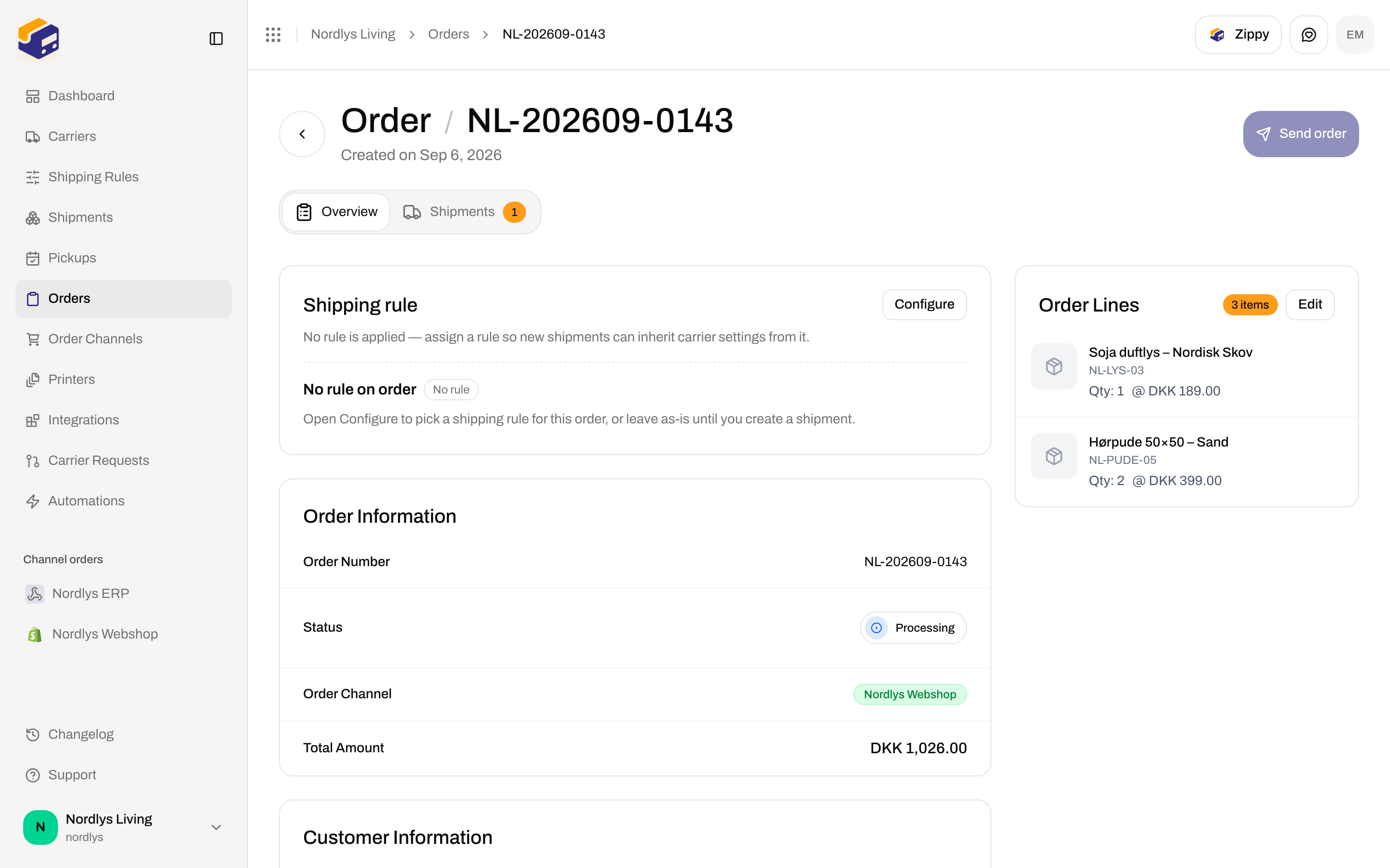 Order NL-202609-0143 overview with Order Channel Nordlys Webshop, Processing status, and line items