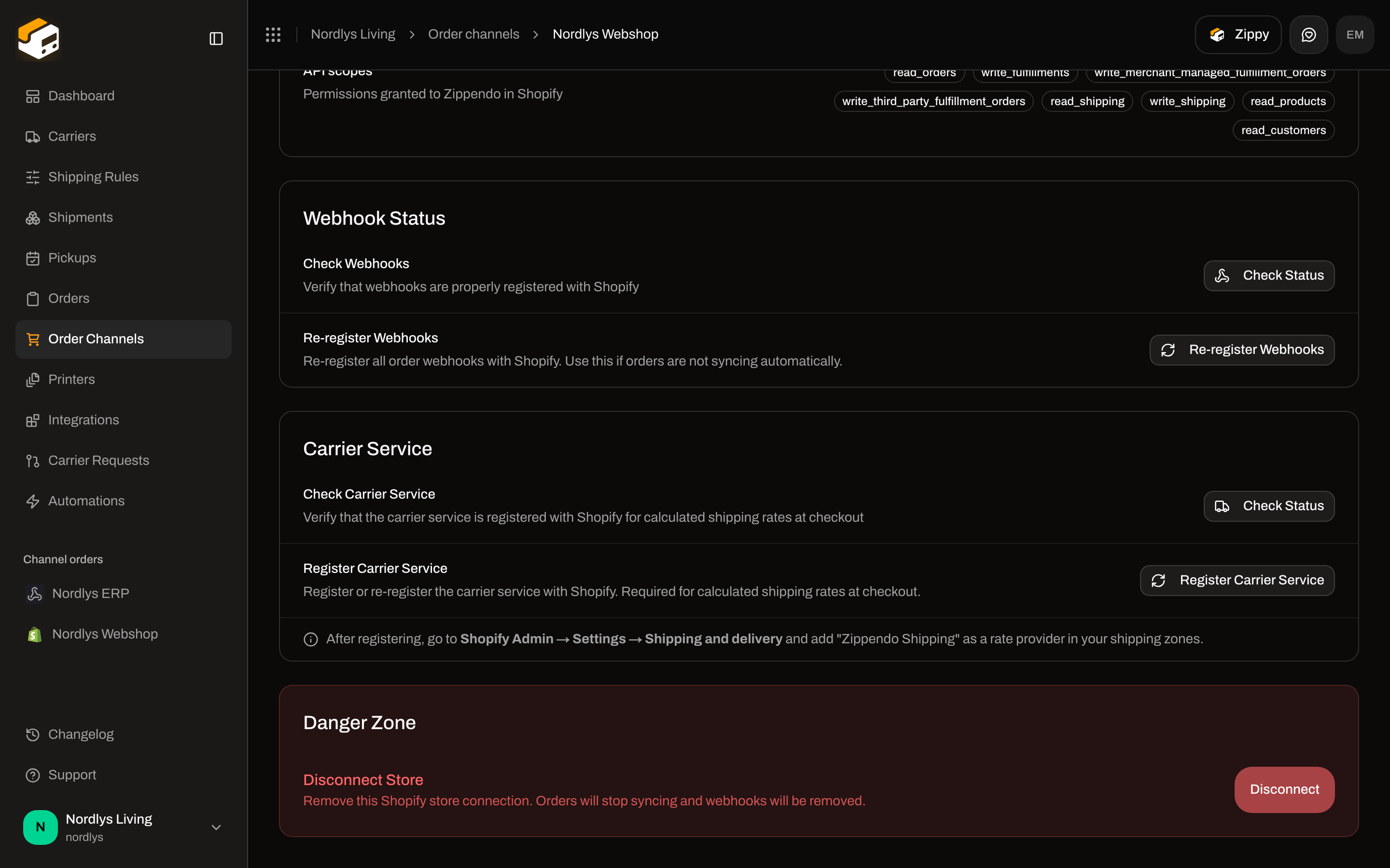 Connection tab scrolled to Webhook Status, Carrier Service, and Danger Zone Disconnect Store