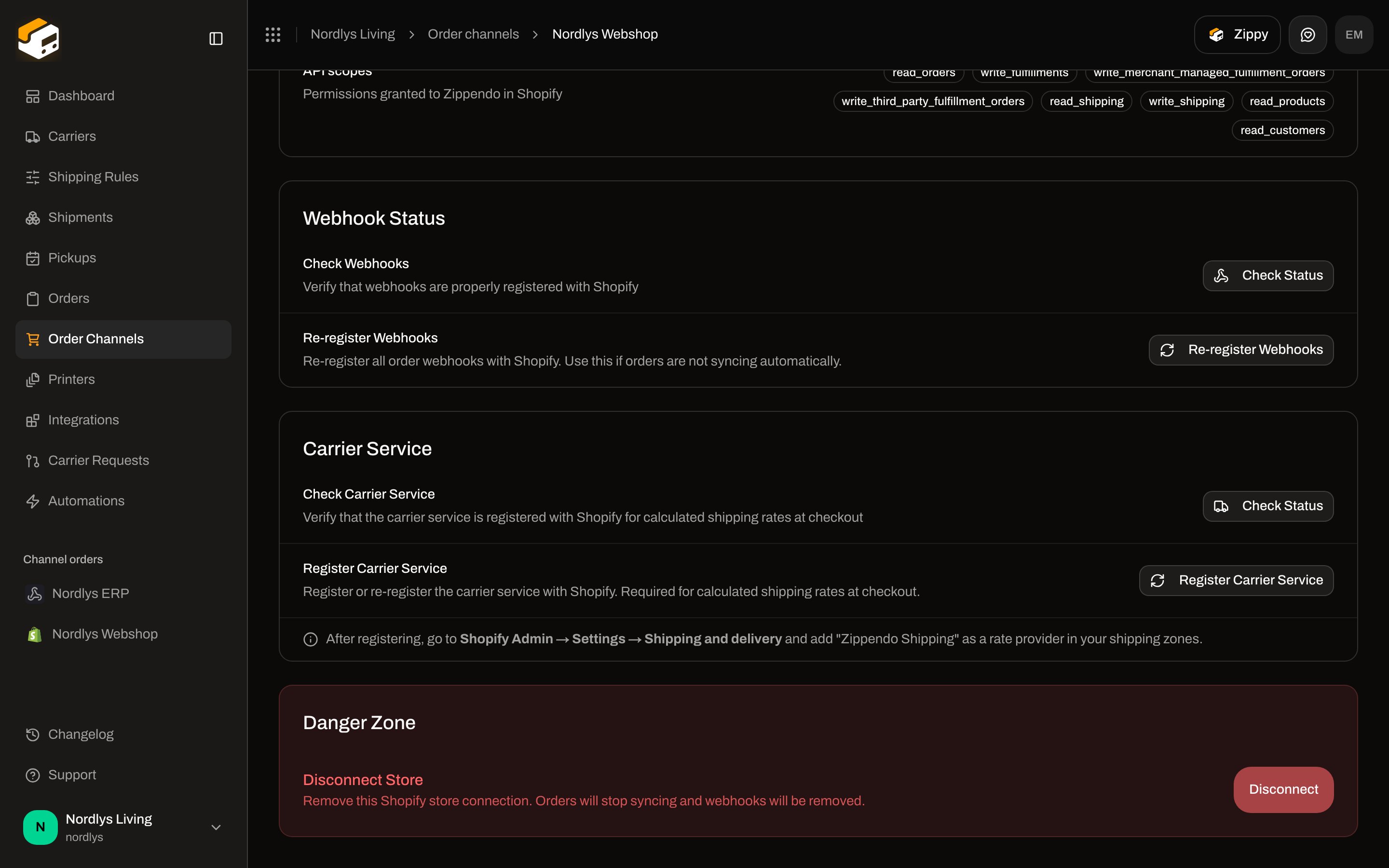 Connection tab scrolled to Webhook Status, Carrier Service, and Danger Zone Disconnect Store