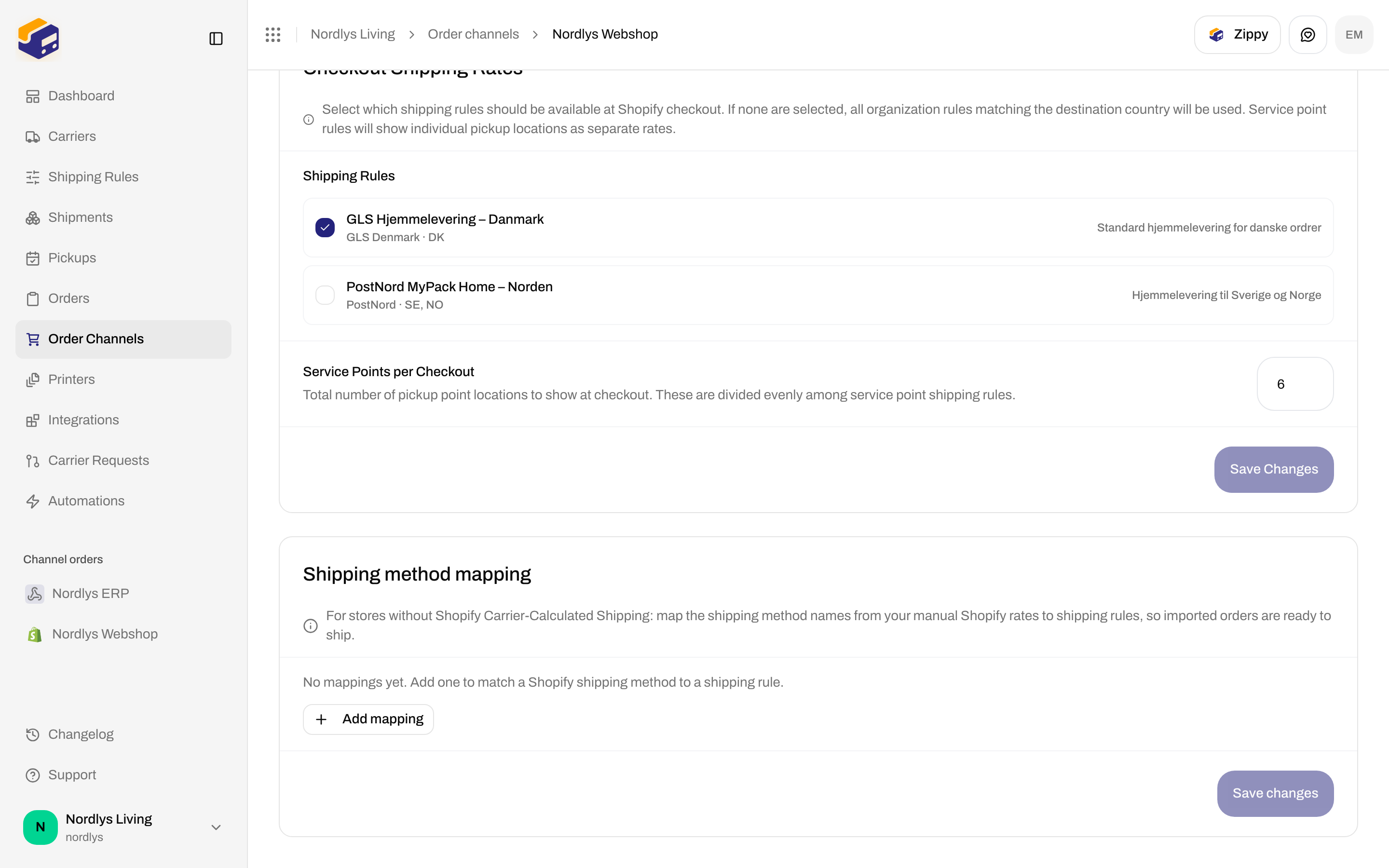 Shipping method mapping section showing No mappings yet and an Add mapping button
