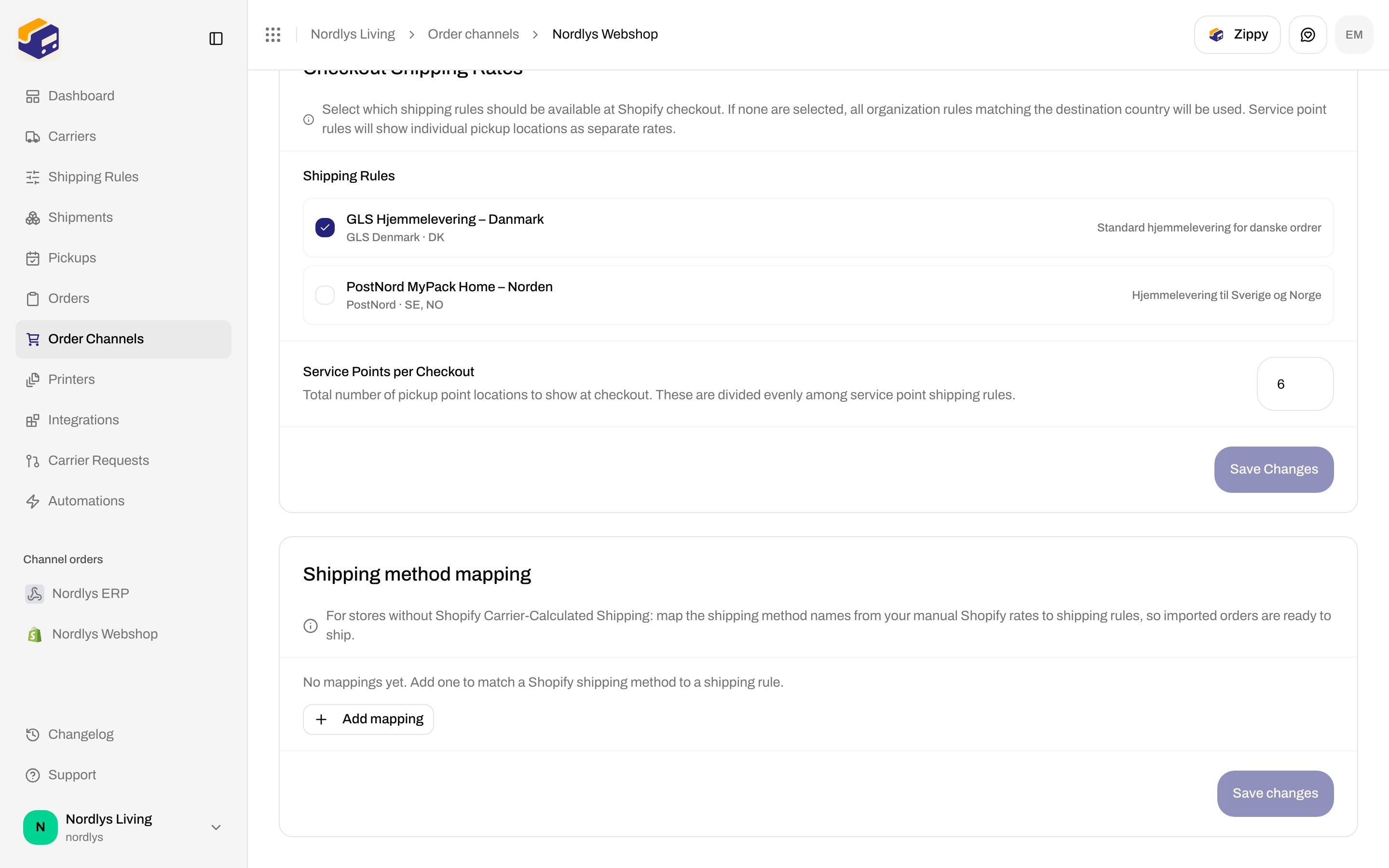 Shipping method mapping section showing No mappings yet and an Add mapping button