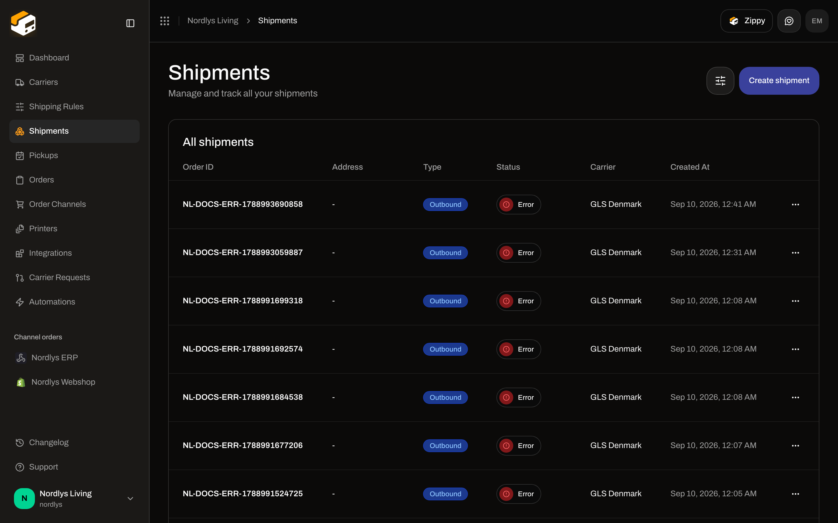 Shipments list with the Create shipment button in the header