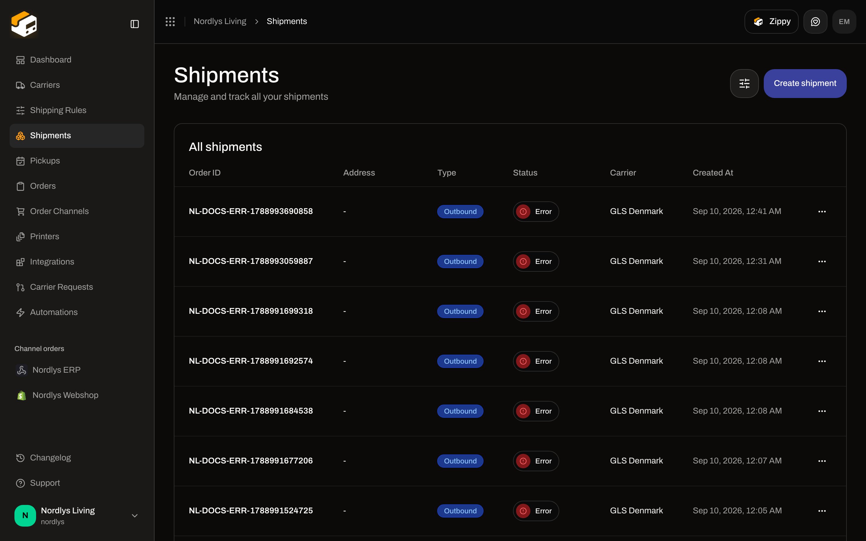 Shipments list with the Create shipment button in the header