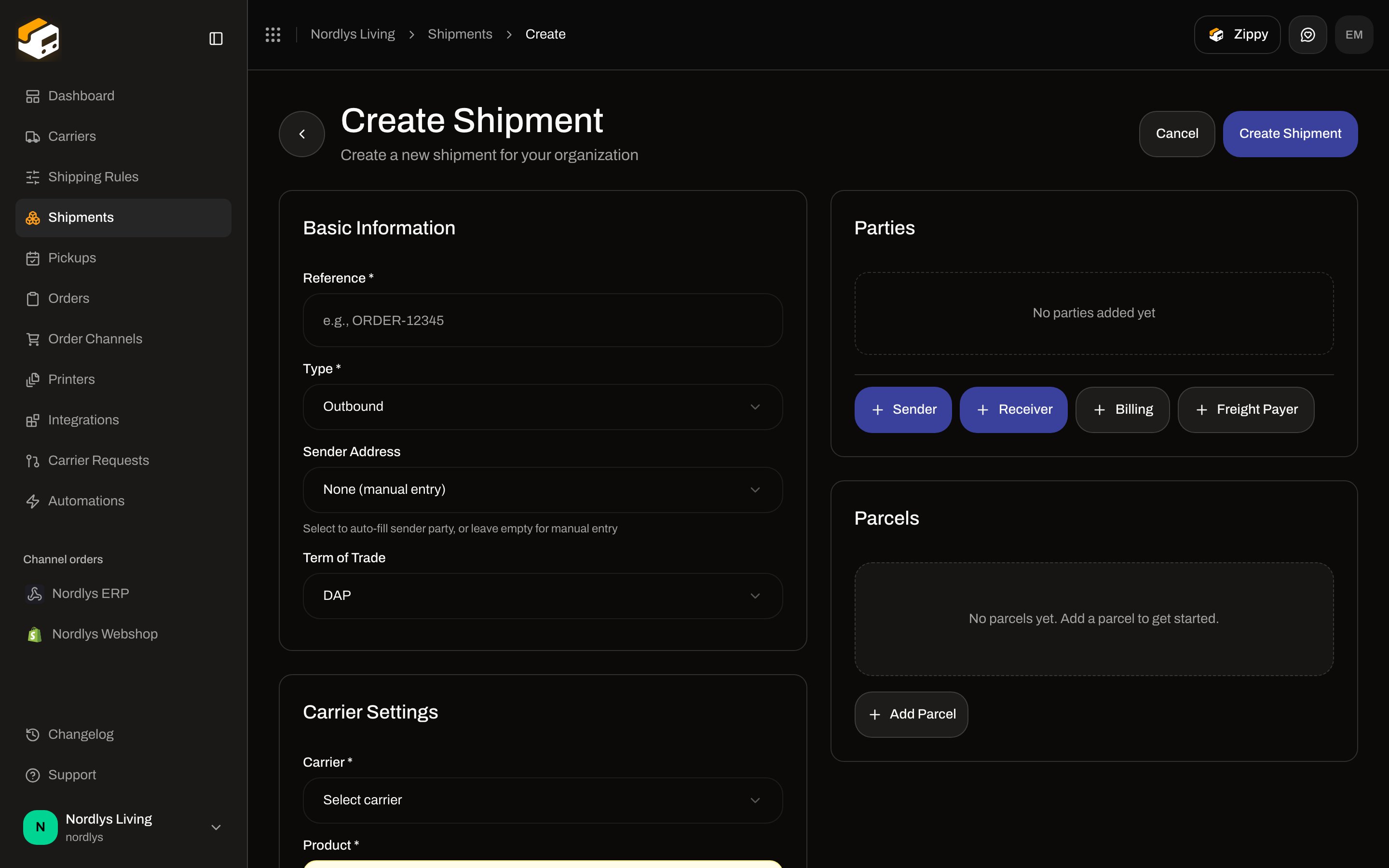Create Shipment form with Basic Information, Carrier Settings, Printer Settings, Parties, and Parcels