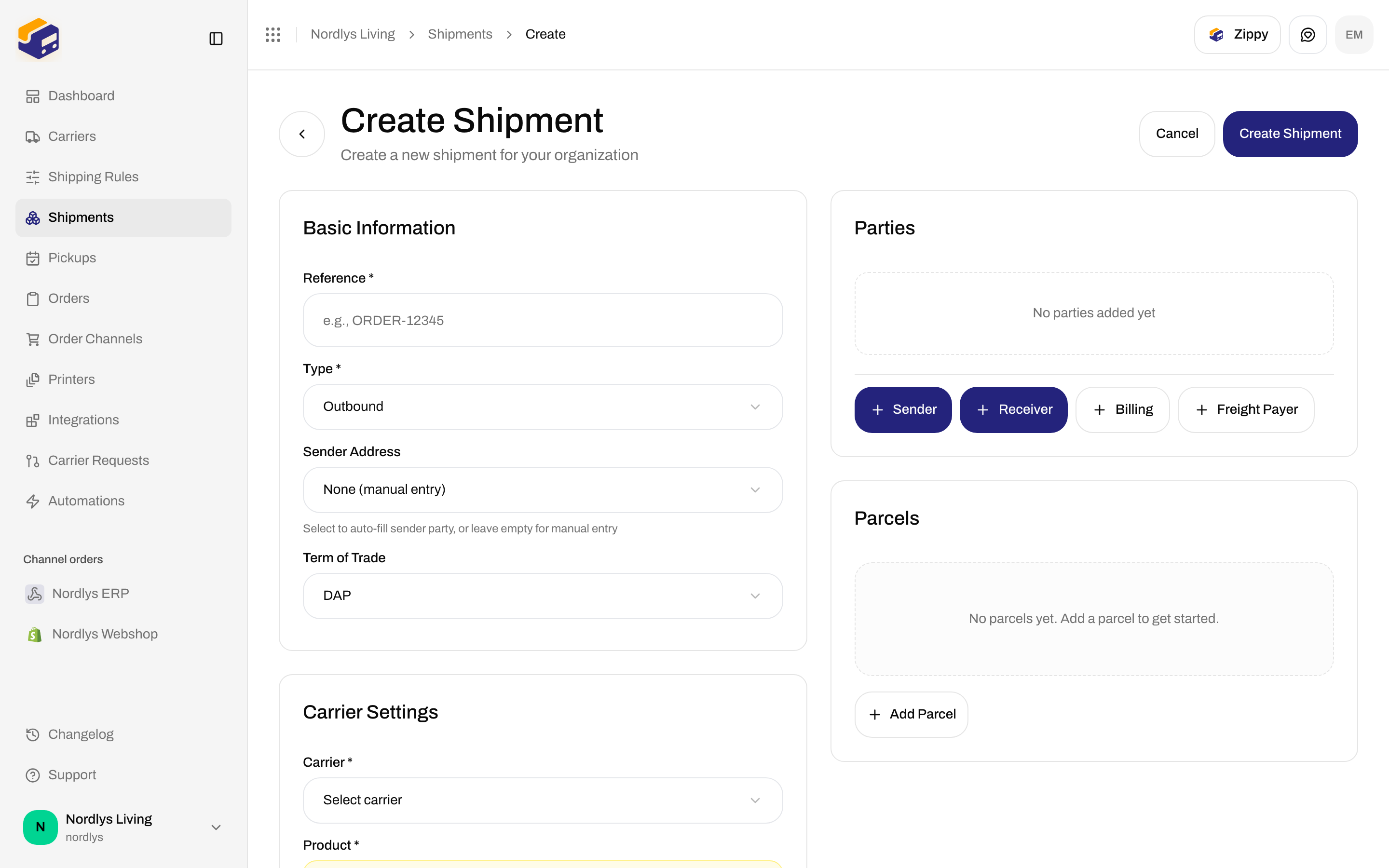 Create Shipment form with Basic Information, Carrier Settings, Printer Settings, Parties, and Parcels