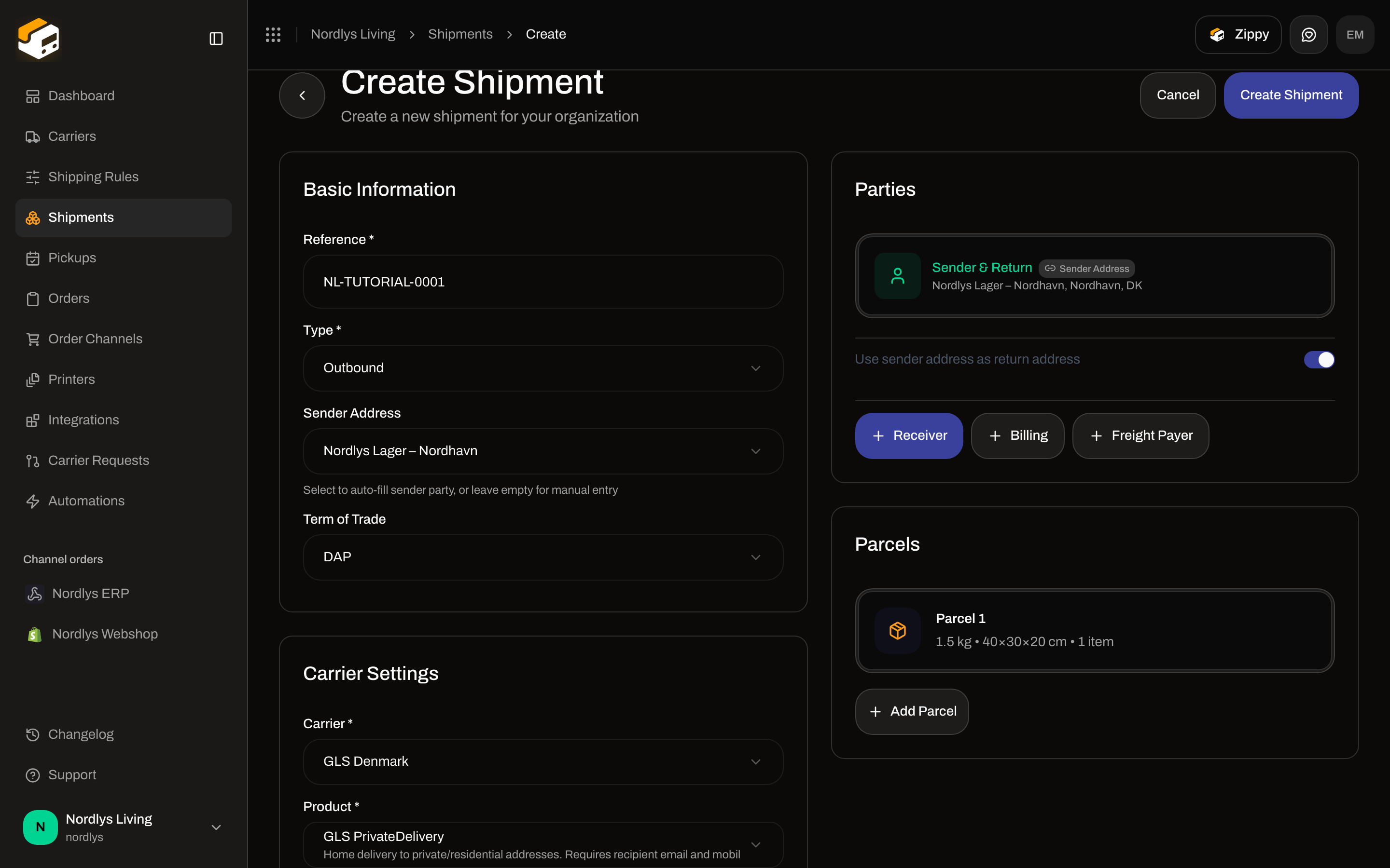 Create Shipment form filled with reference, Nordlys warehouse sender, GLS PrivateDelivery, and one parcel