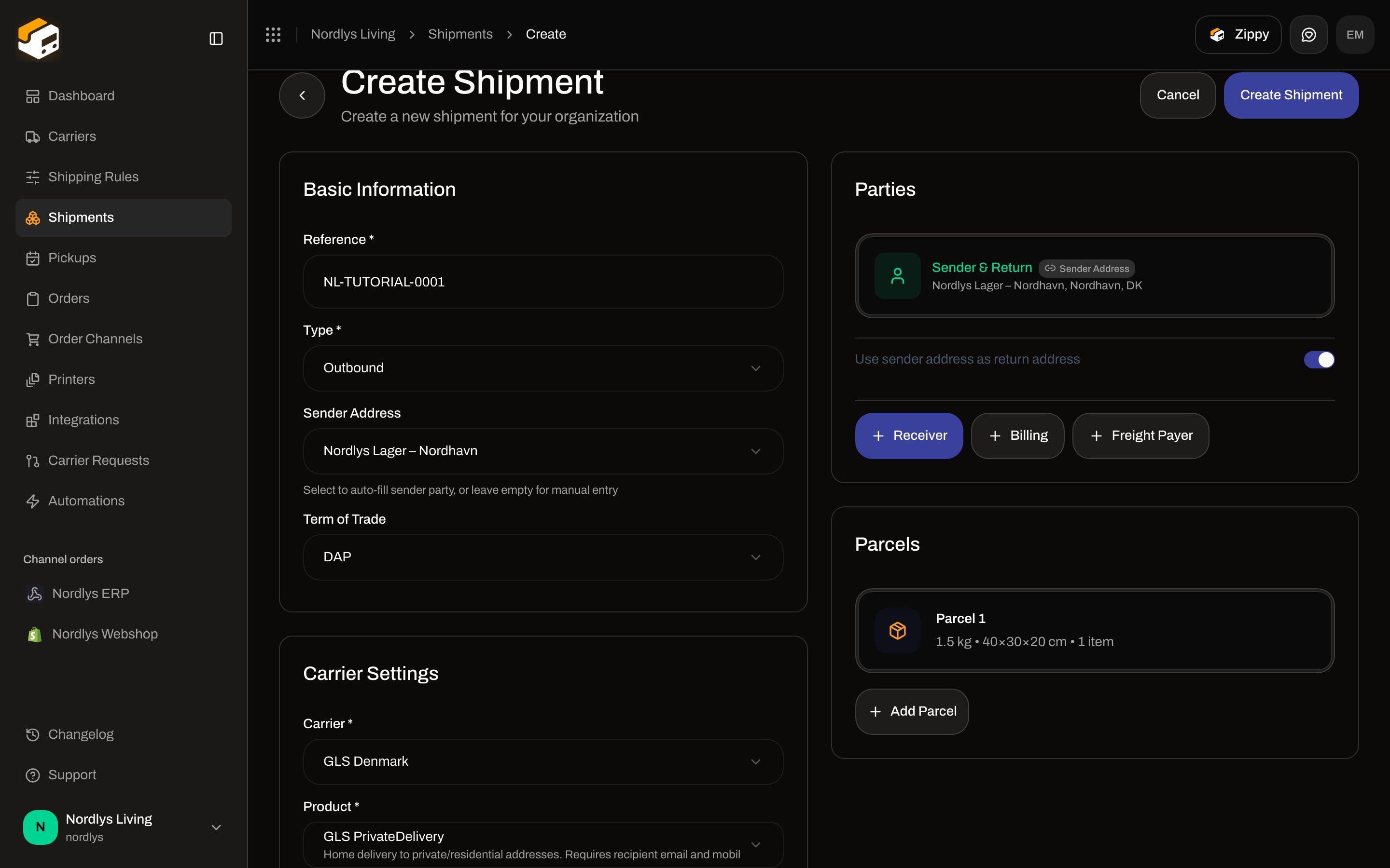Create Shipment form filled with reference, Nordlys warehouse sender, GLS PrivateDelivery, and one parcel