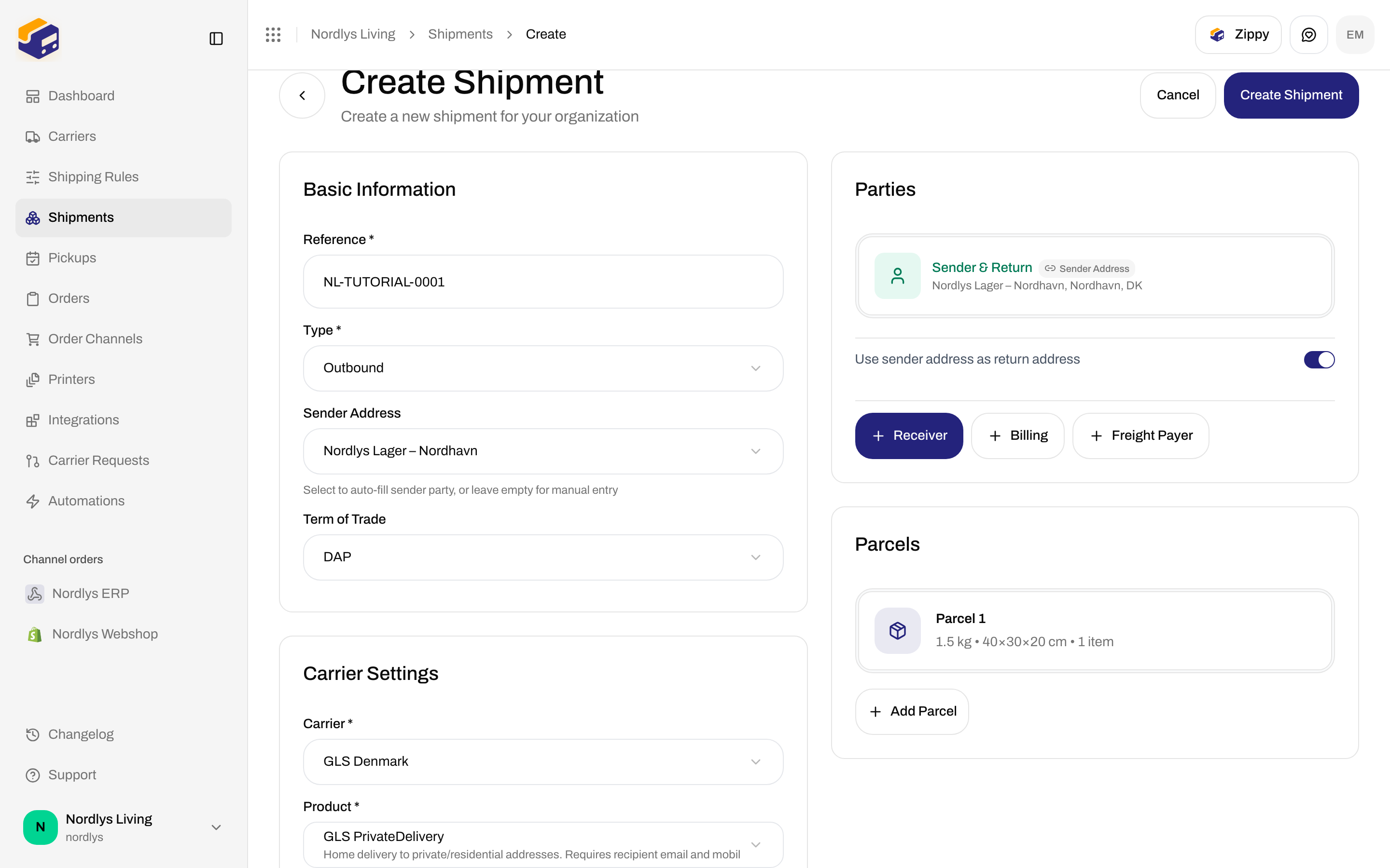 Create Shipment form filled with reference, Nordlys warehouse sender, GLS PrivateDelivery, and one parcel
