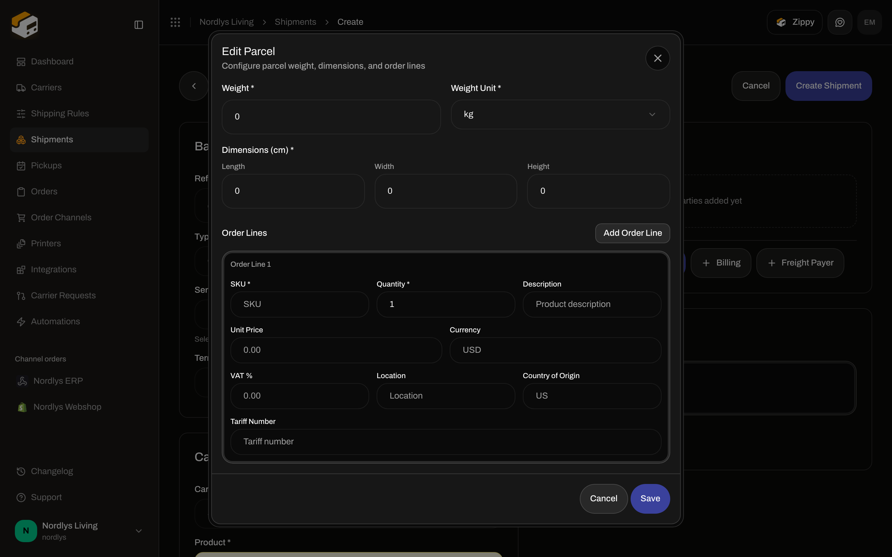 Edit Parcel dialog with weight, dimensions, SKU, quantity, country of origin, and tariff number