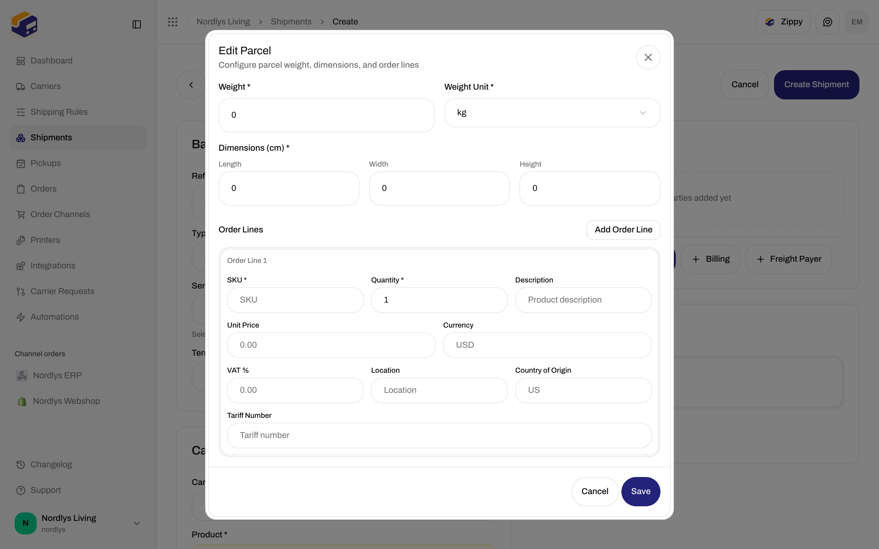 Edit Parcel dialog with weight, dimensions, SKU, quantity, country of origin, and tariff number