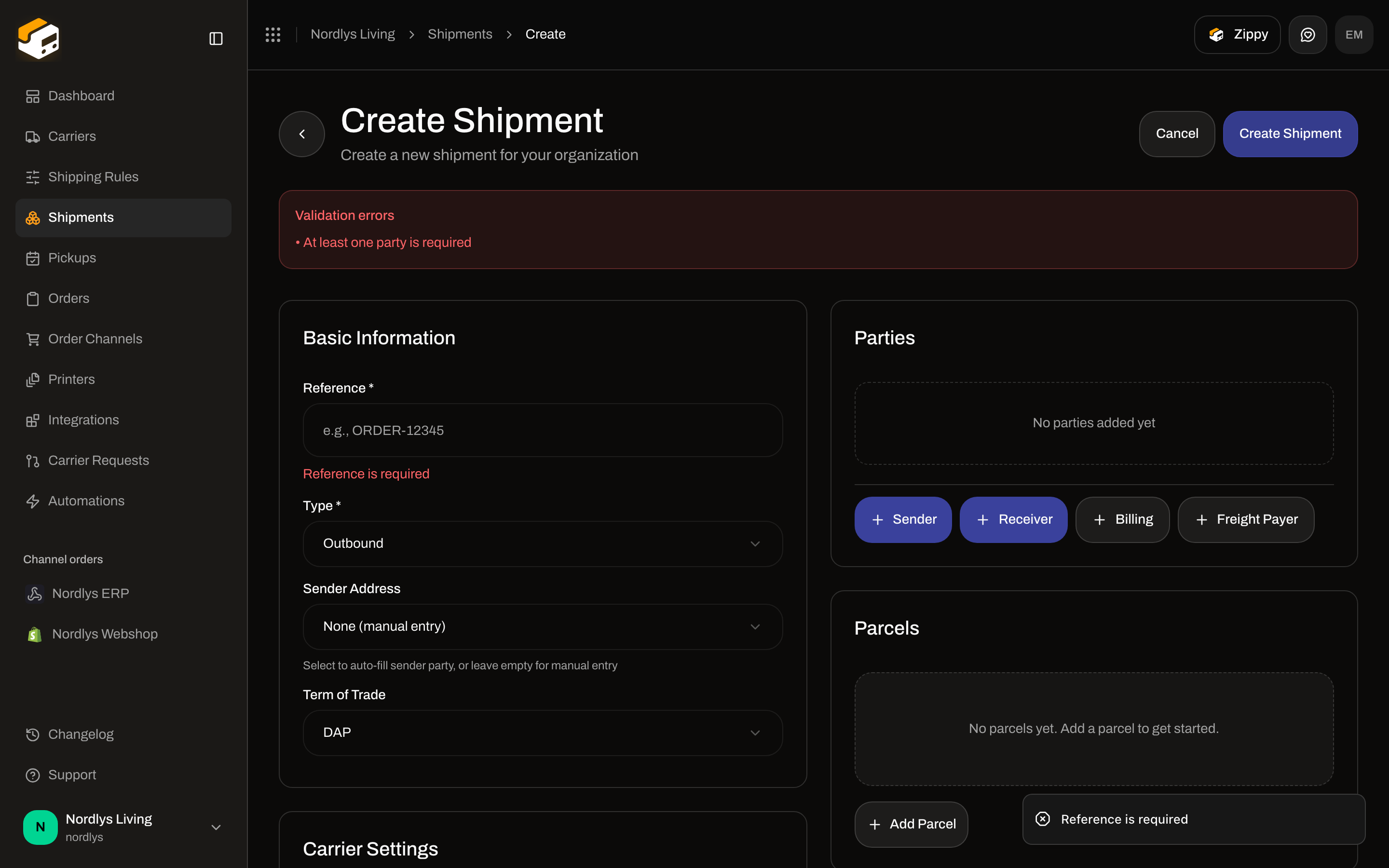Create Shipment form showing Reference is required and At least one party is required
