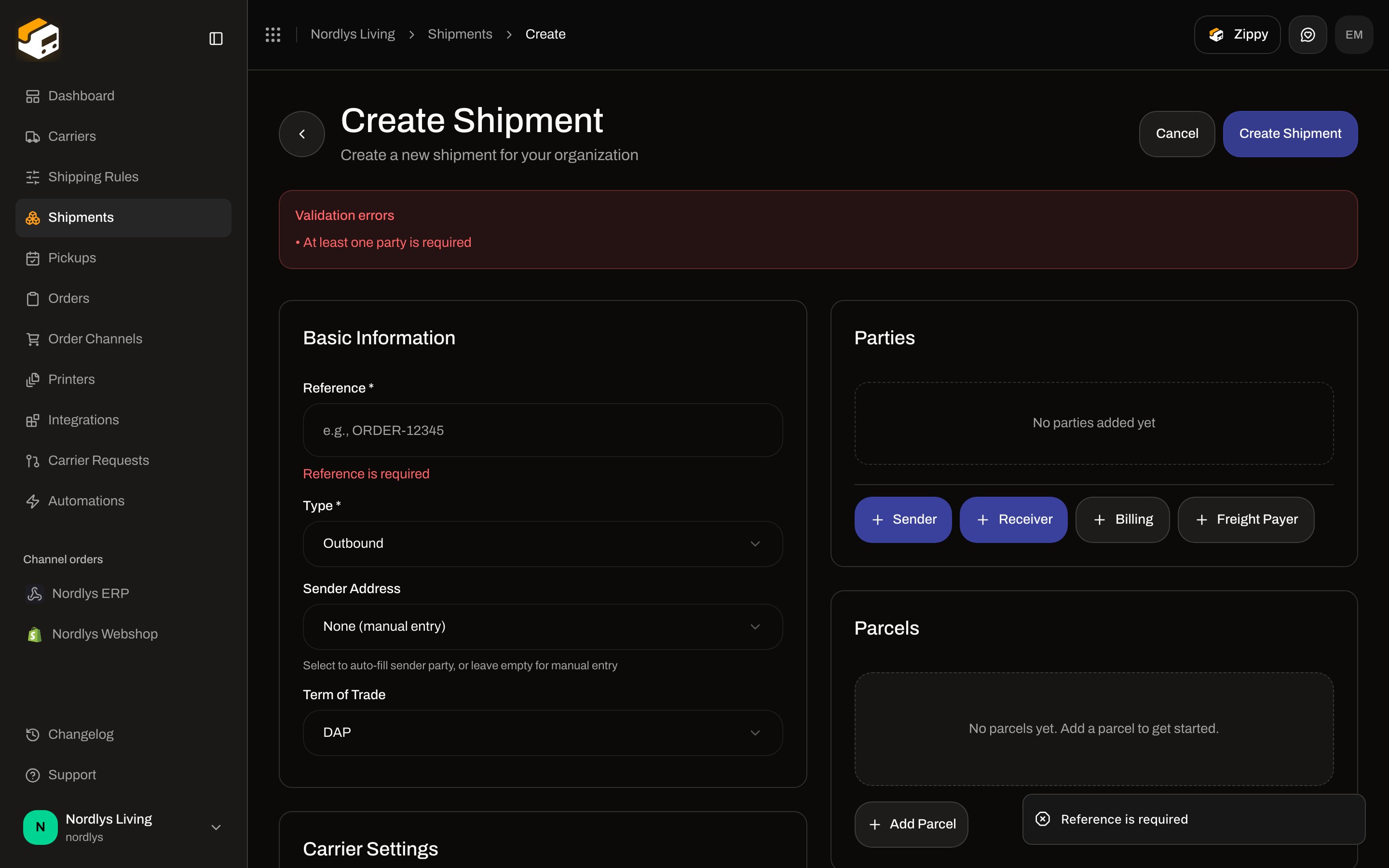 Create Shipment form showing Reference is required and At least one party is required