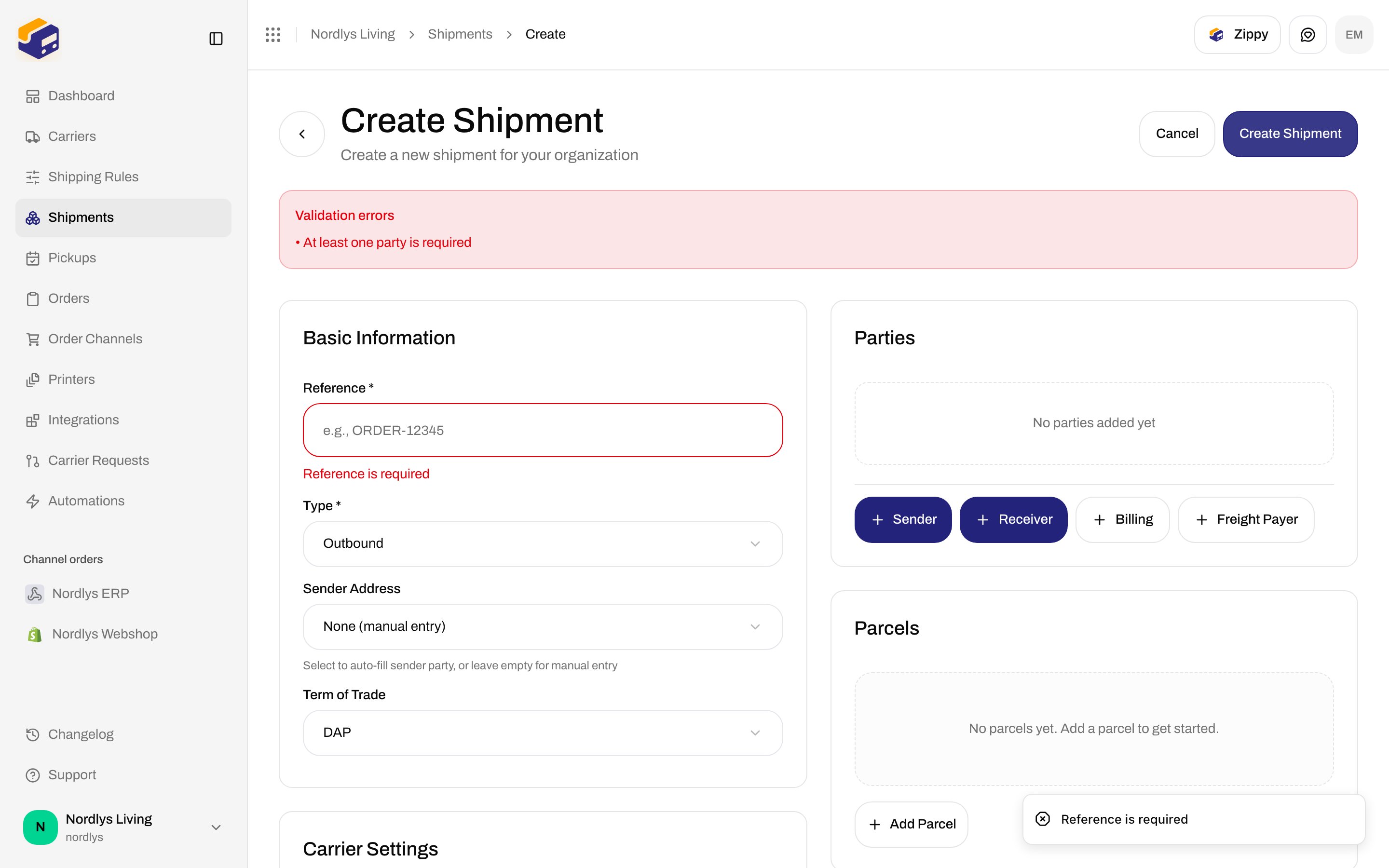 Create Shipment form showing Reference is required and At least one party is required