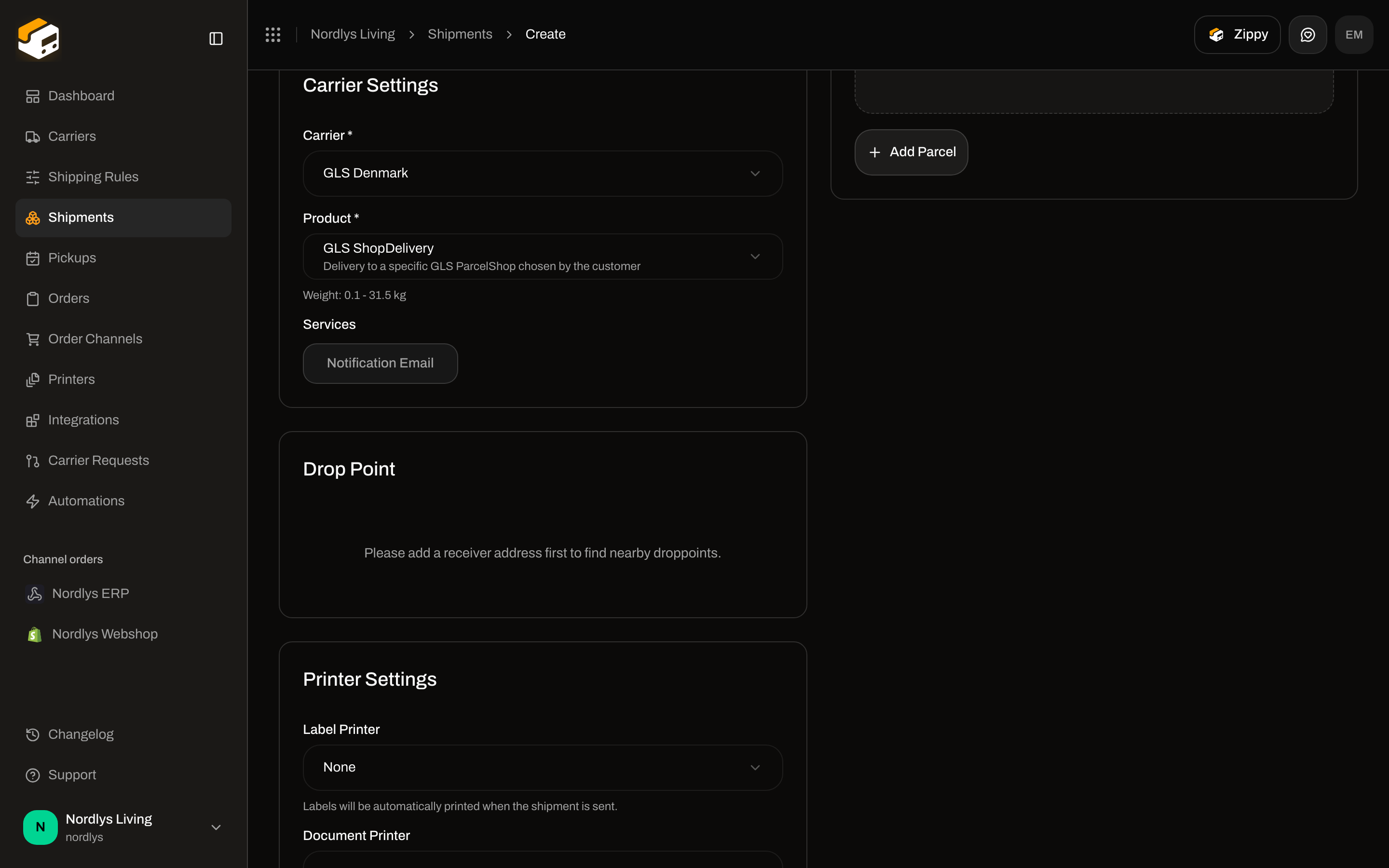GLS ShopDelivery selected, Drop Point card saying add a receiver address first