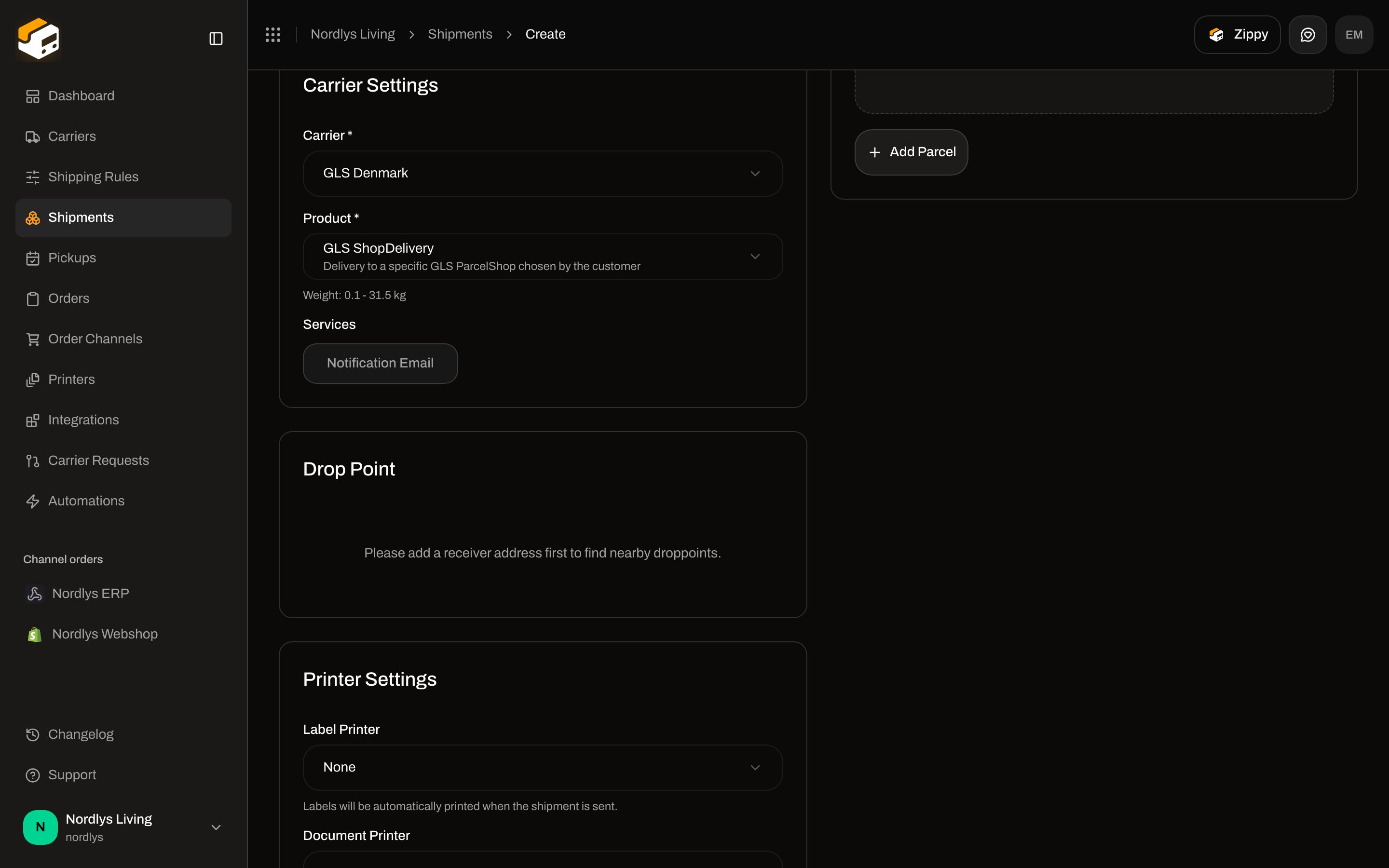 GLS ShopDelivery selected, Drop Point card saying add a receiver address first