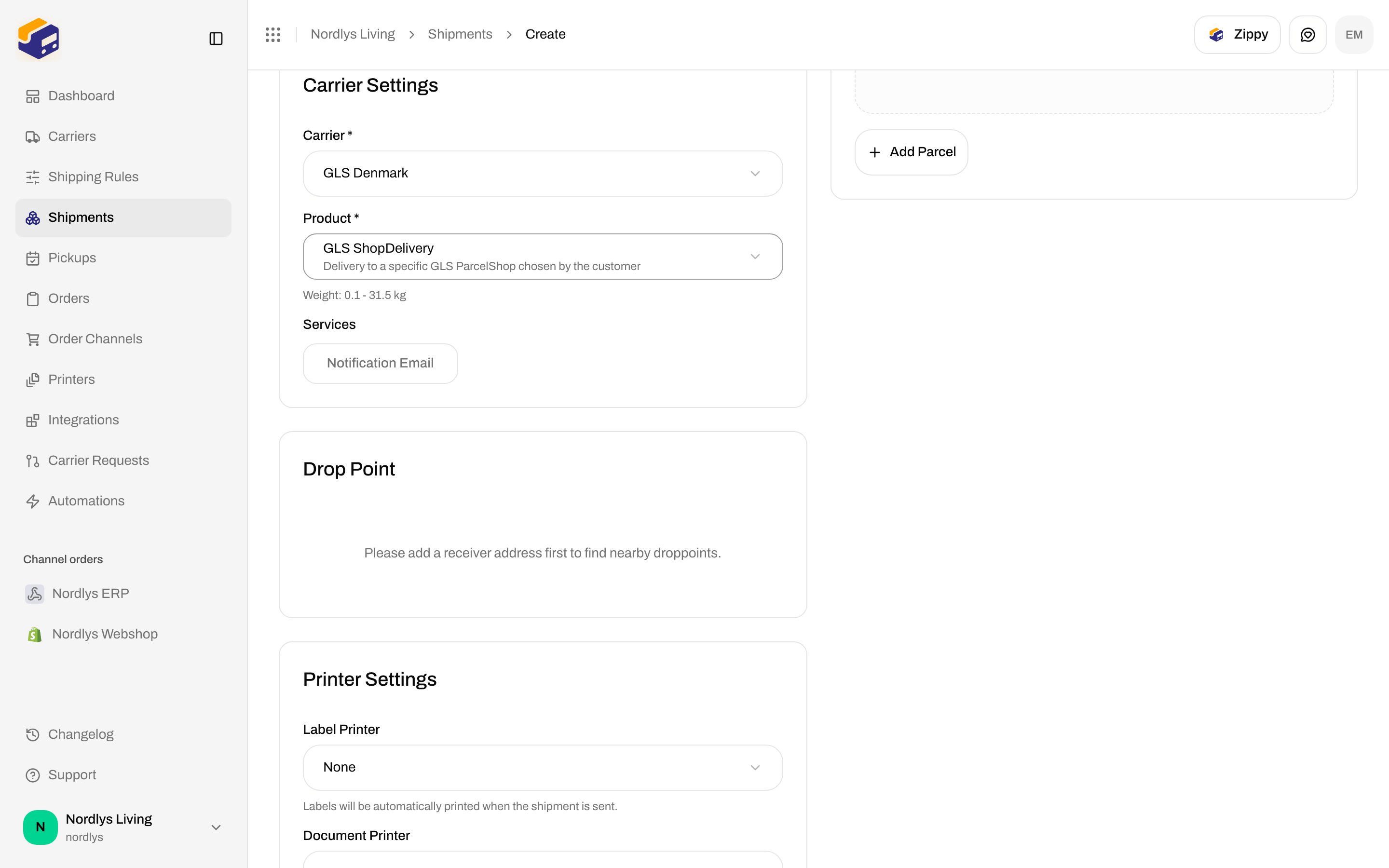 GLS ShopDelivery selected, Drop Point card saying add a receiver address first