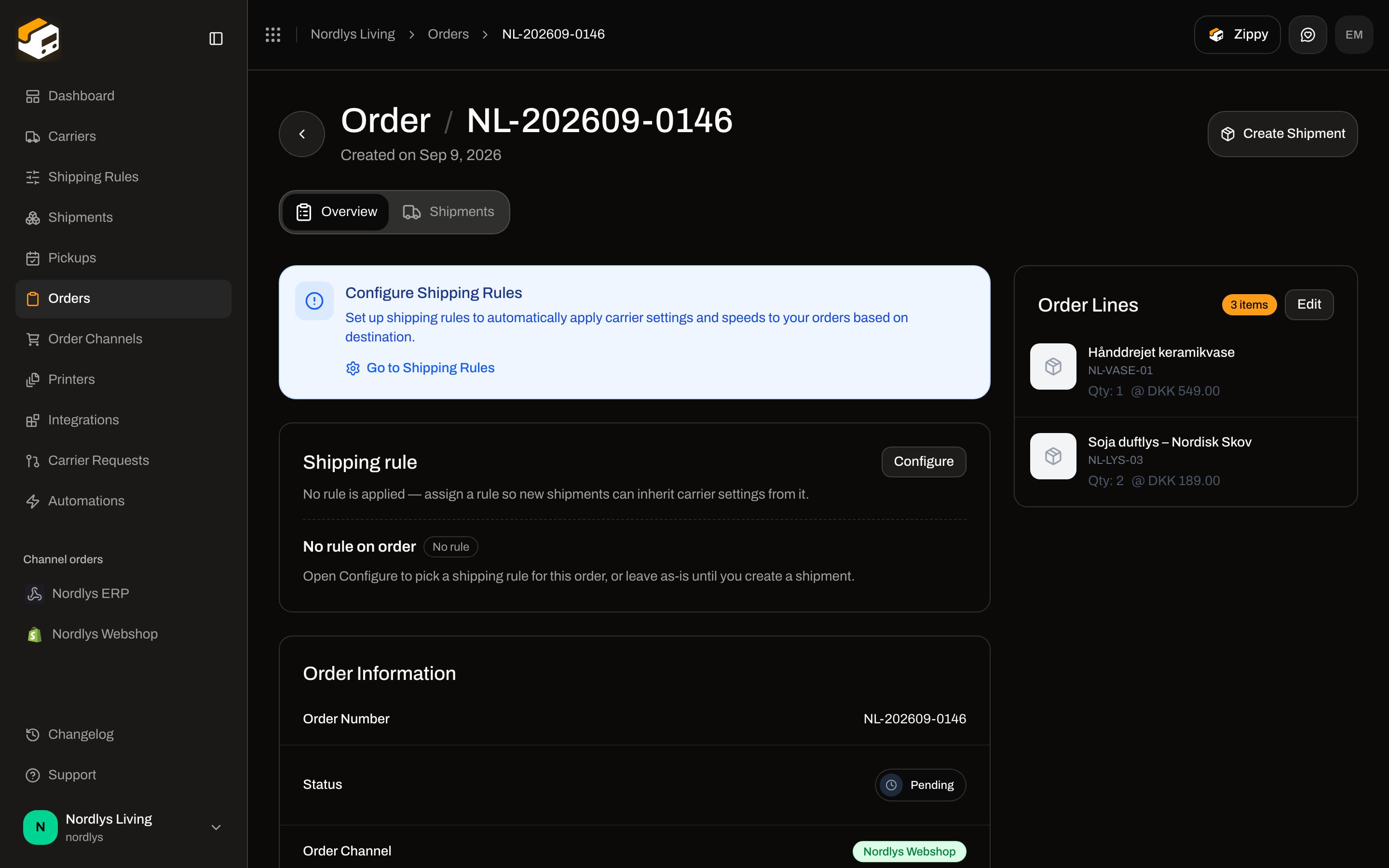Order detail for a pending order with Create Shipment in the header