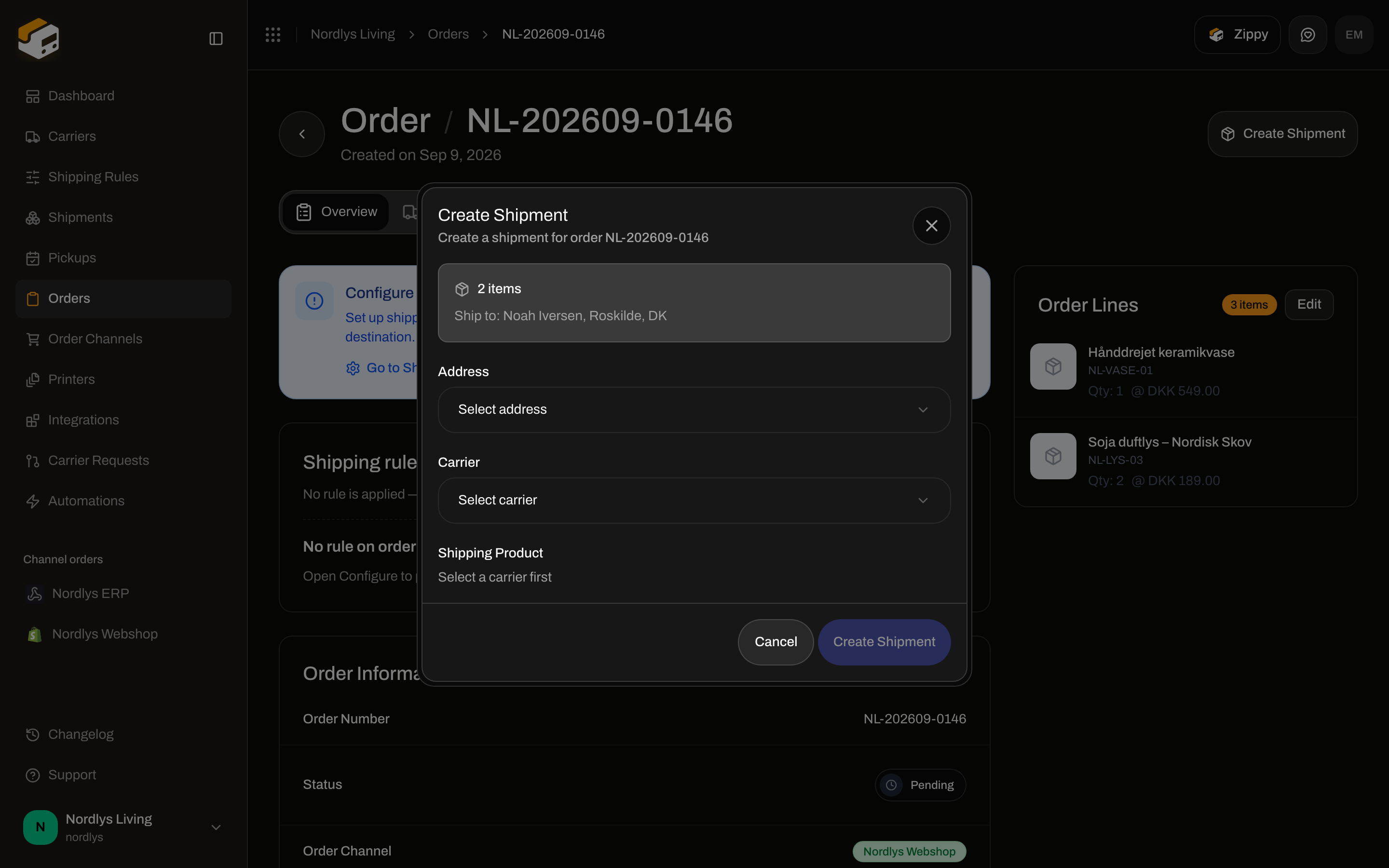 Create Shipment modal showing item count, ship-to address, and carrier fields