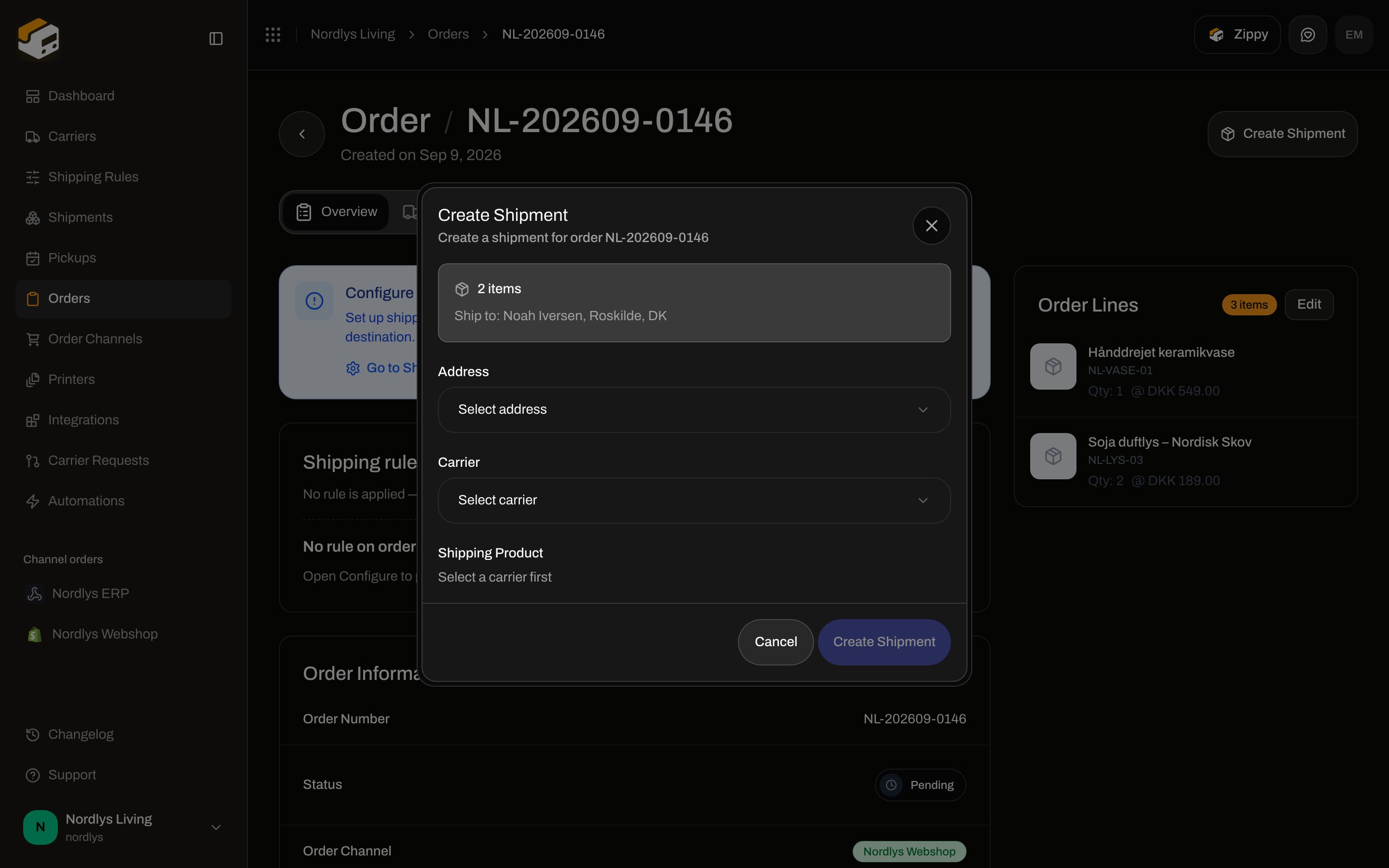 Create Shipment modal showing item count, ship-to address, and carrier fields