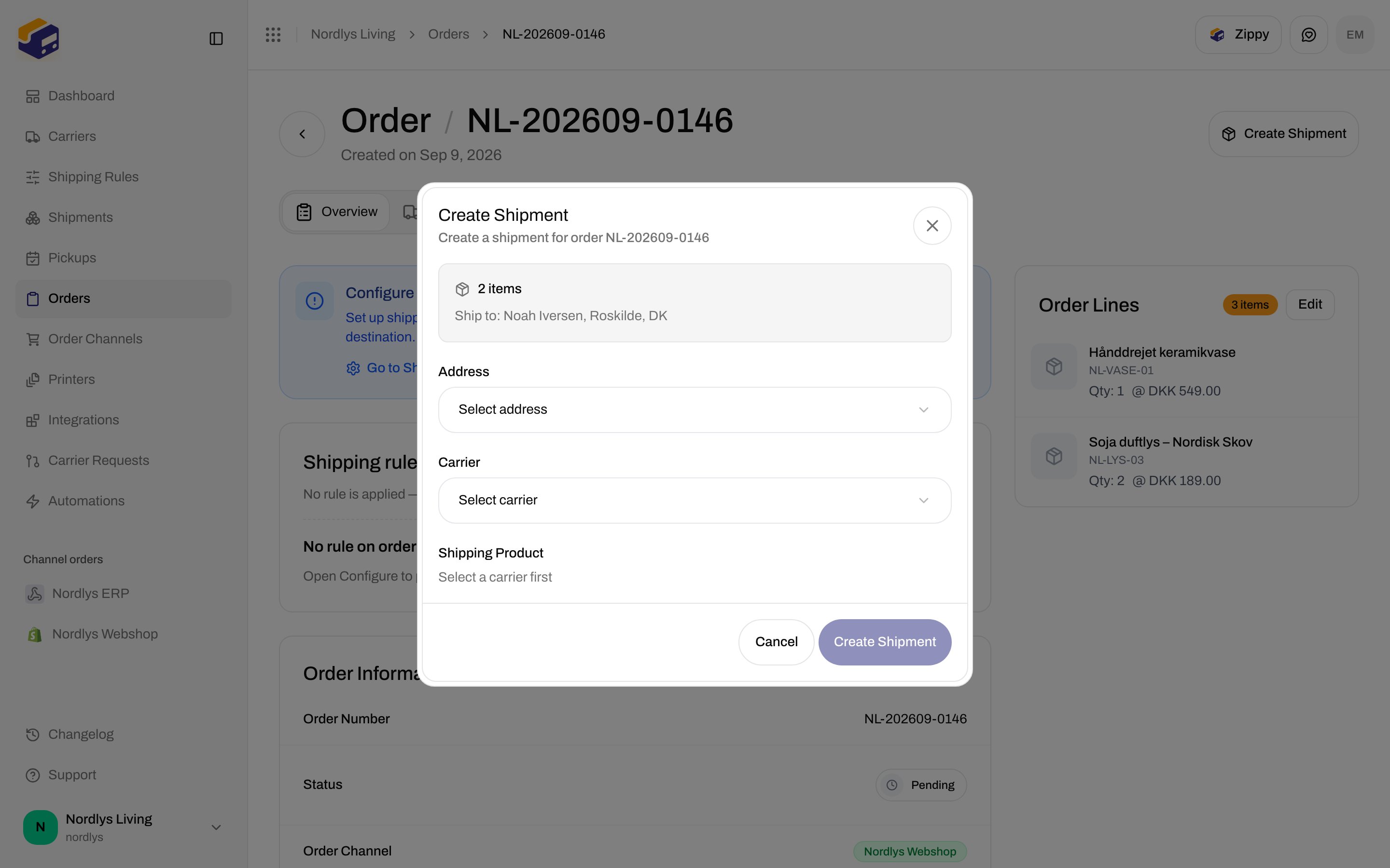 Create Shipment modal showing item count, ship-to address, and carrier fields