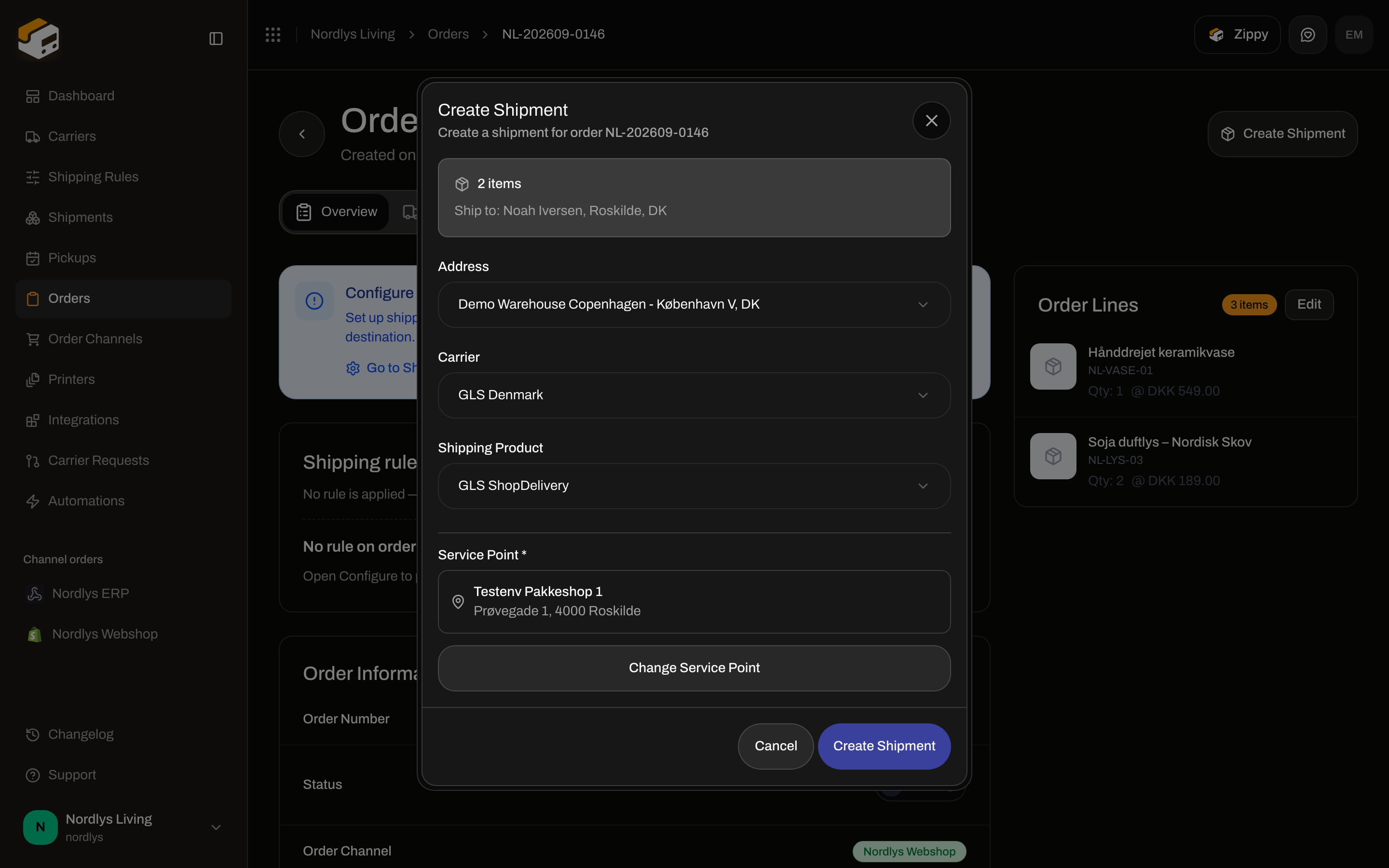 Create Shipment modal with GLS ShopDelivery and a selected service point