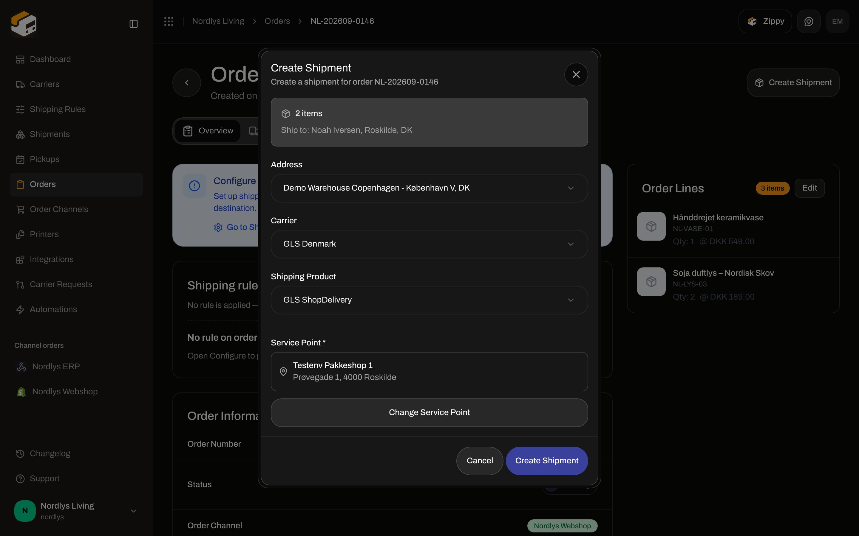 Create Shipment modal with GLS ShopDelivery and a selected service point