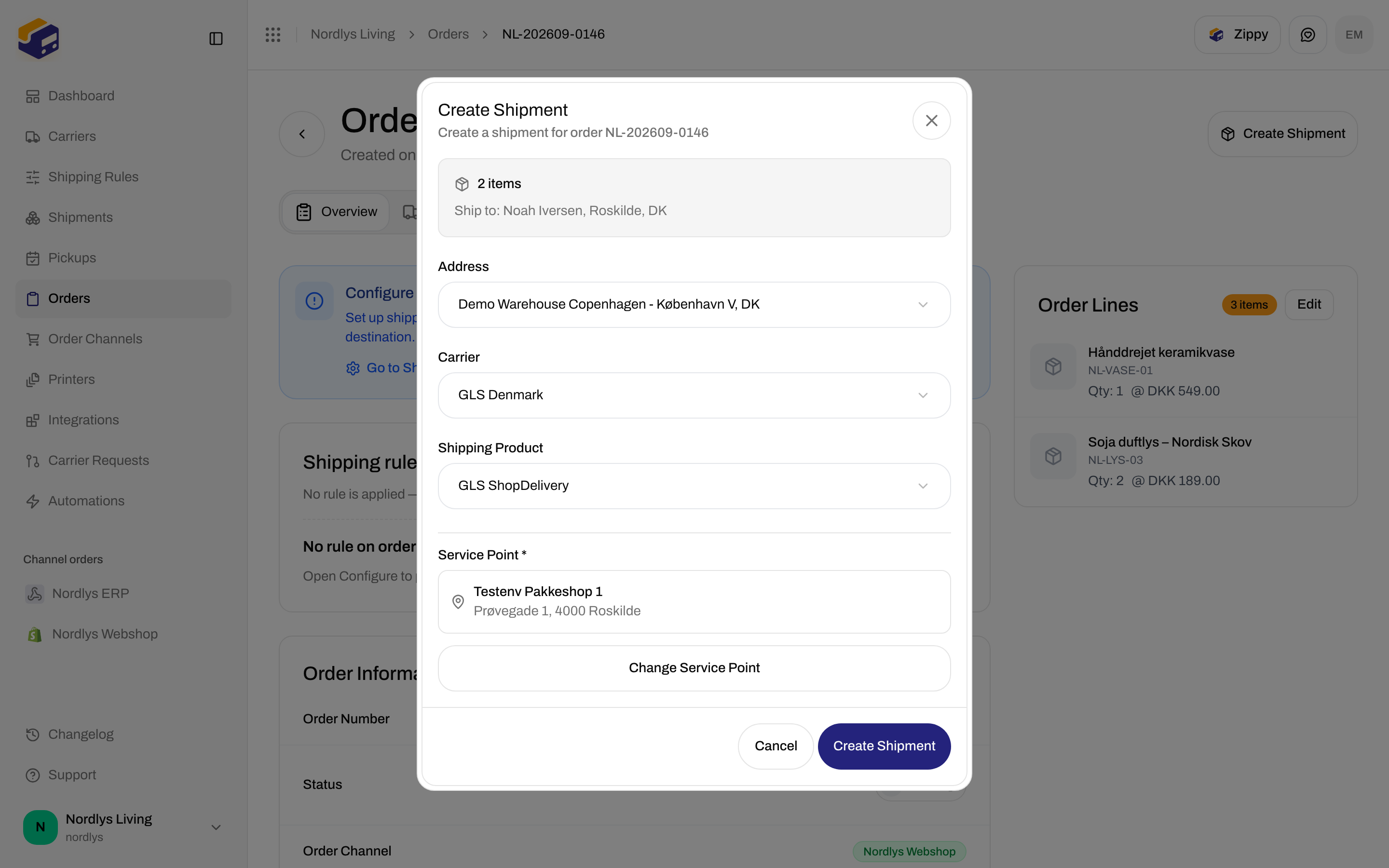 Create Shipment modal with GLS ShopDelivery and a selected service point