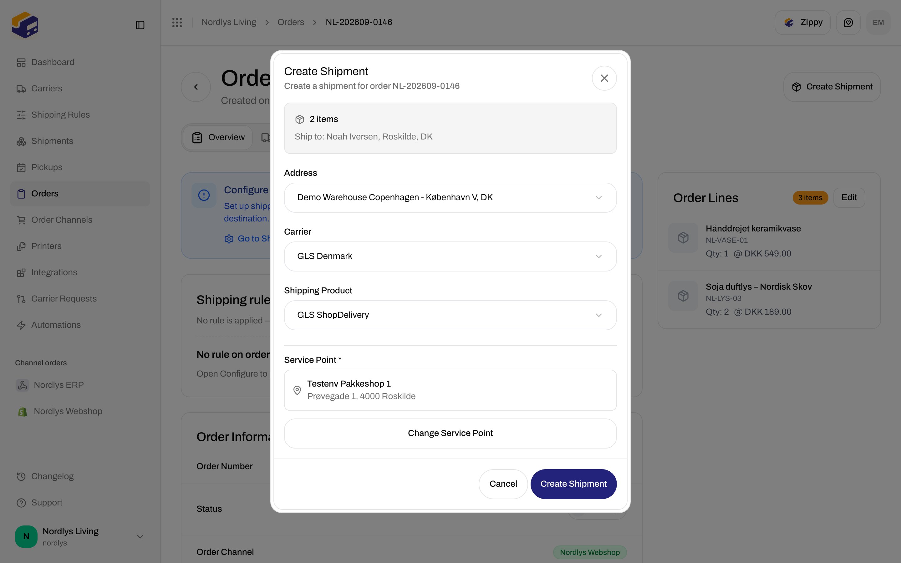 Create Shipment modal with GLS ShopDelivery and a selected service point
