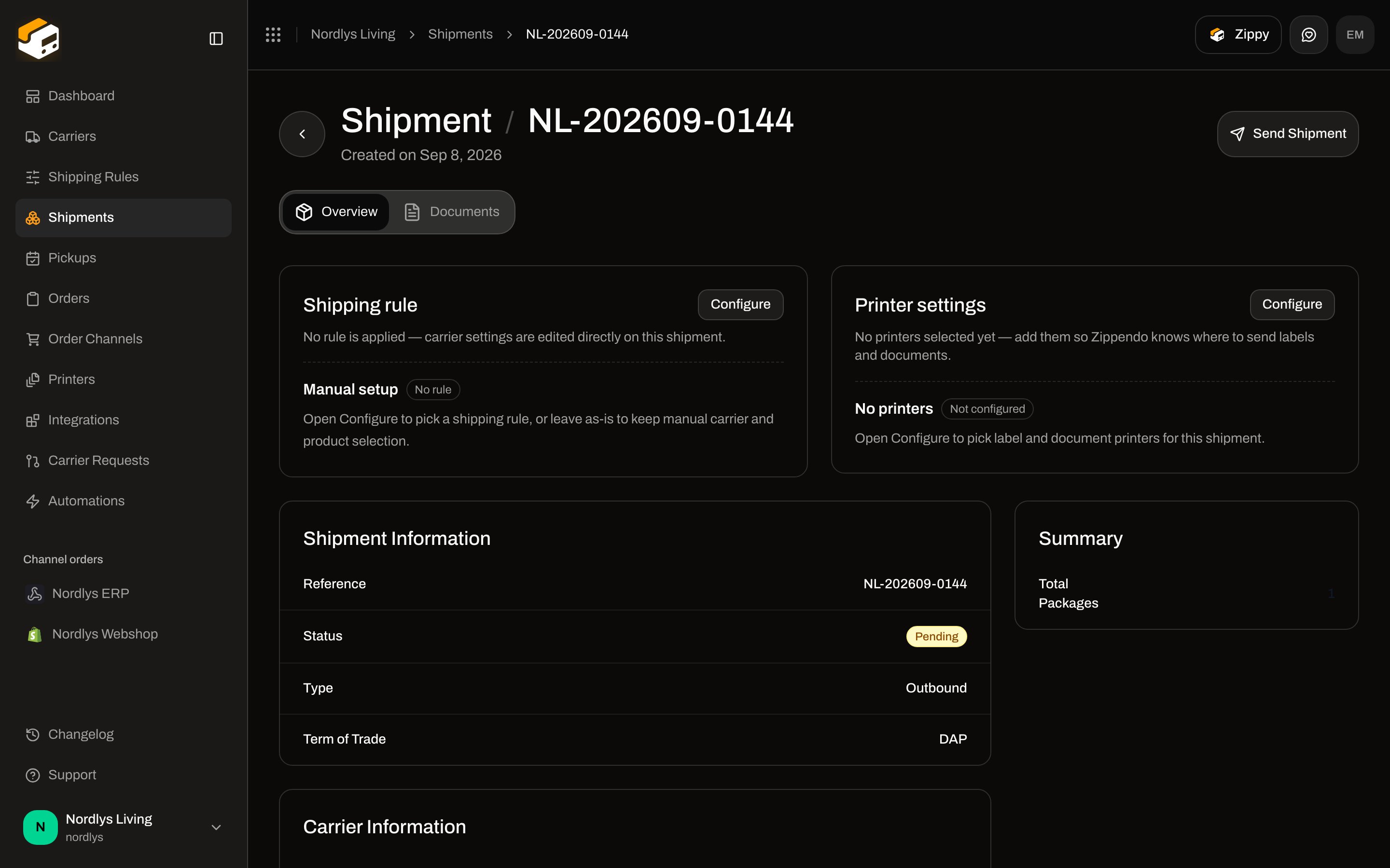Shipment detail for a pending shipment with Send Shipment in the header