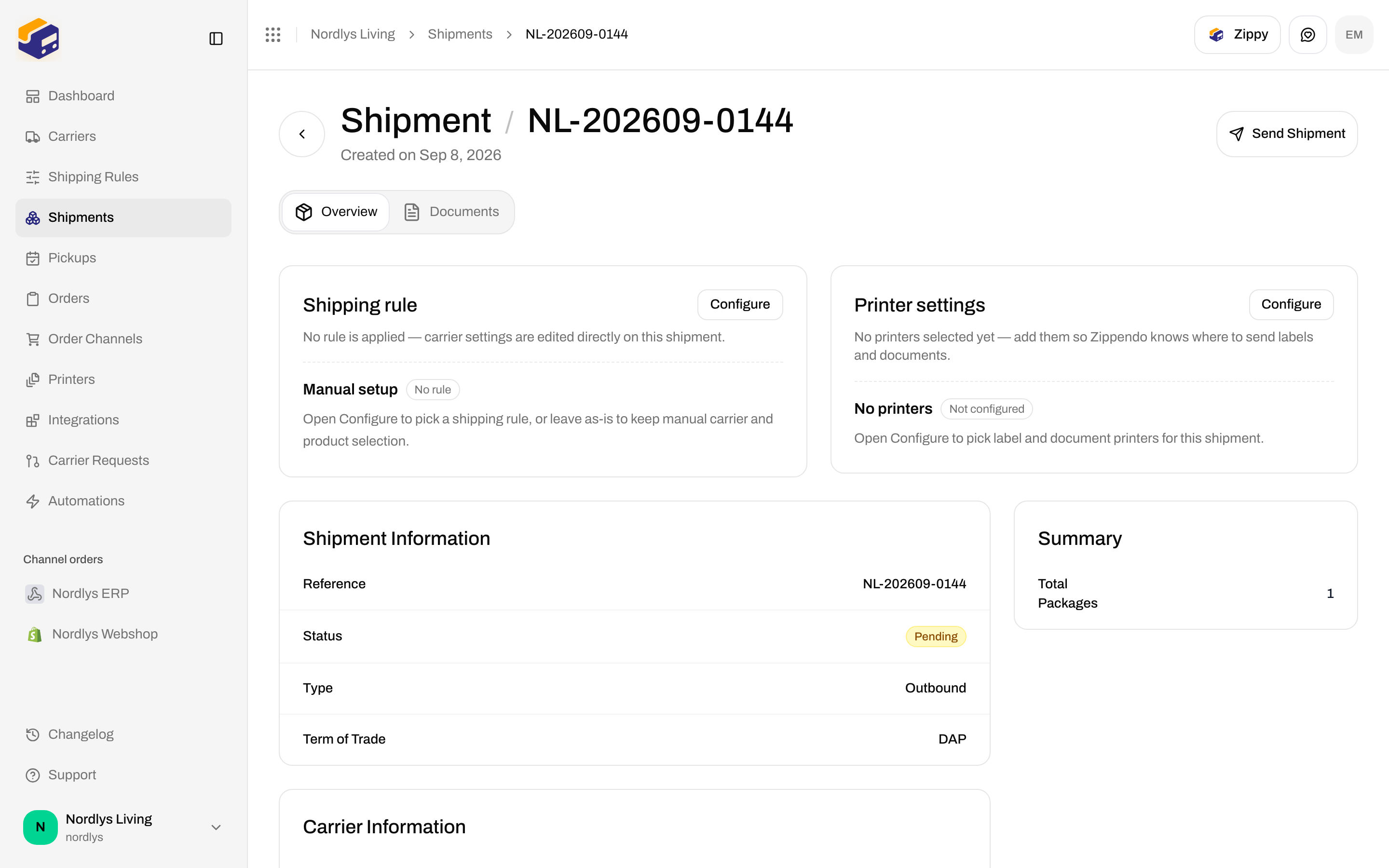 Shipment detail for a pending shipment with Send Shipment in the header