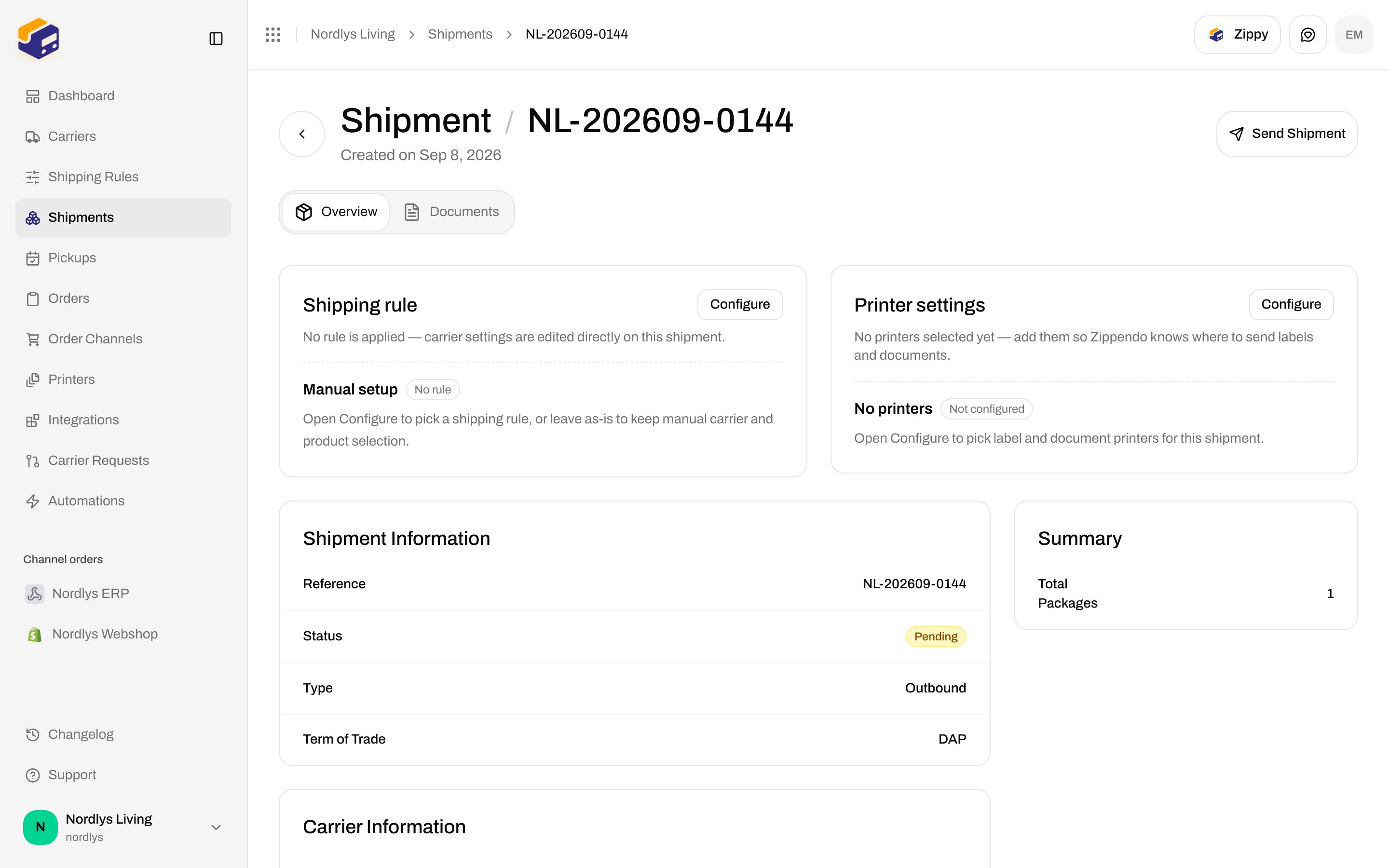 Shipment detail for a pending shipment with Send Shipment in the header
