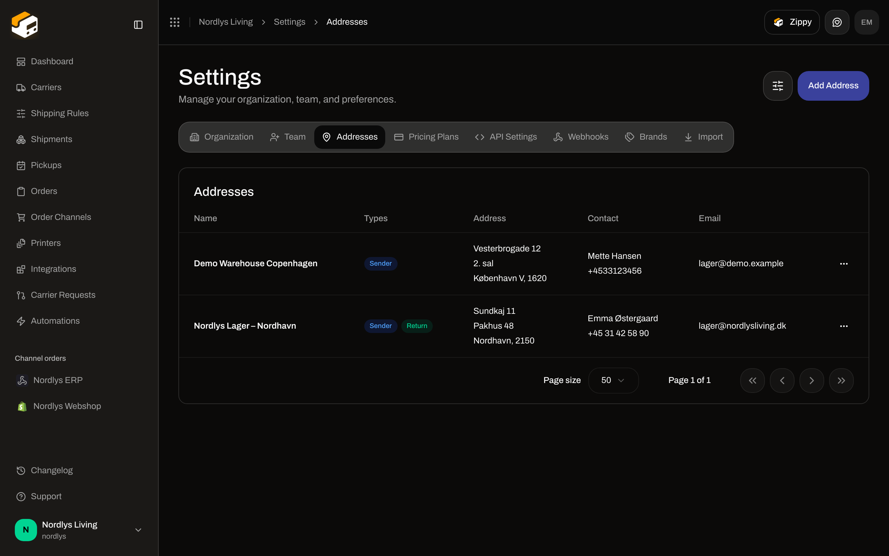 Addresses table with Demo Warehouse Copenhagen (Sender) and Nordlys Lager – Nordhavn (Sender and Return)