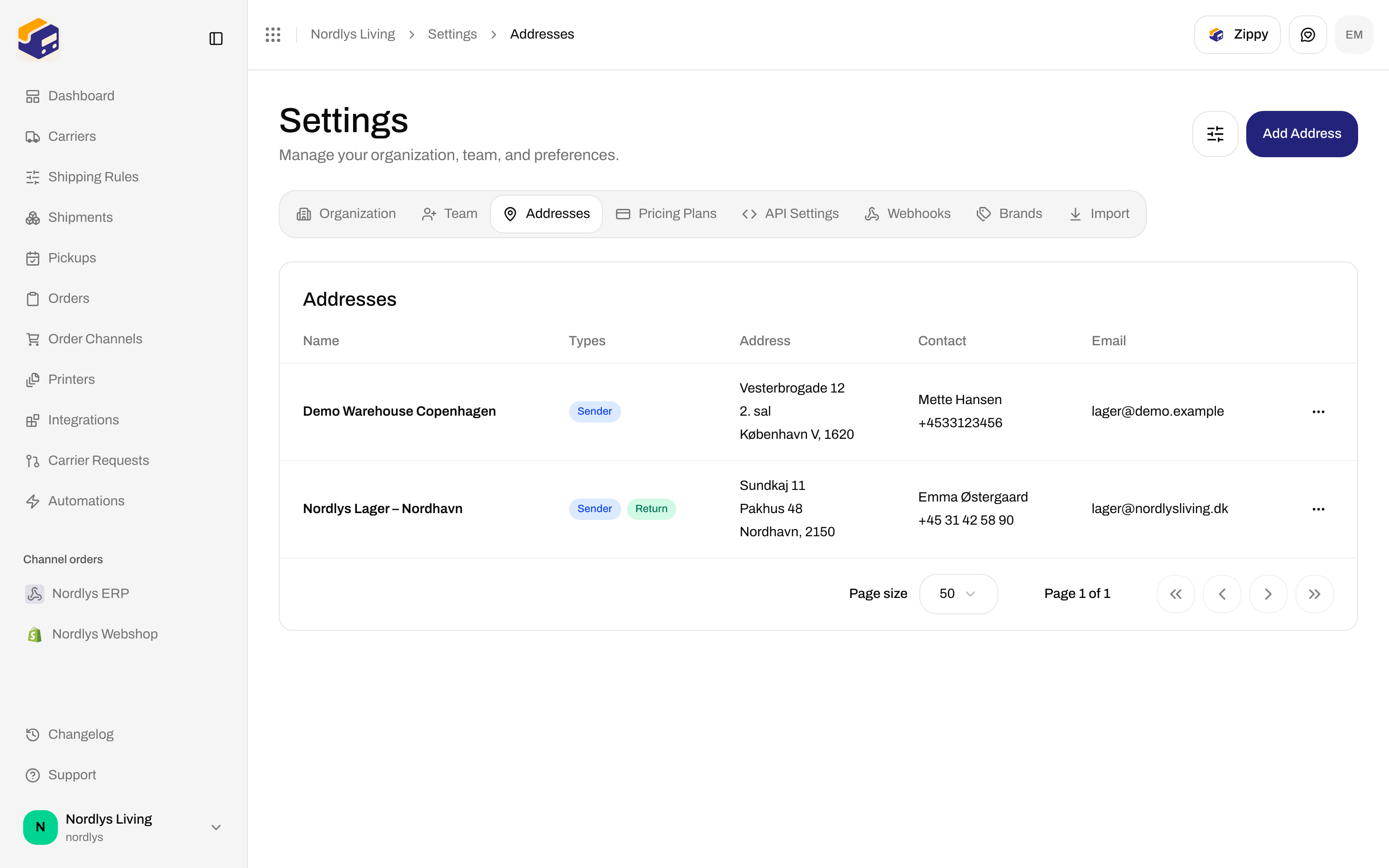 Addresses table with Demo Warehouse Copenhagen (Sender) and Nordlys Lager – Nordhavn (Sender and Return)