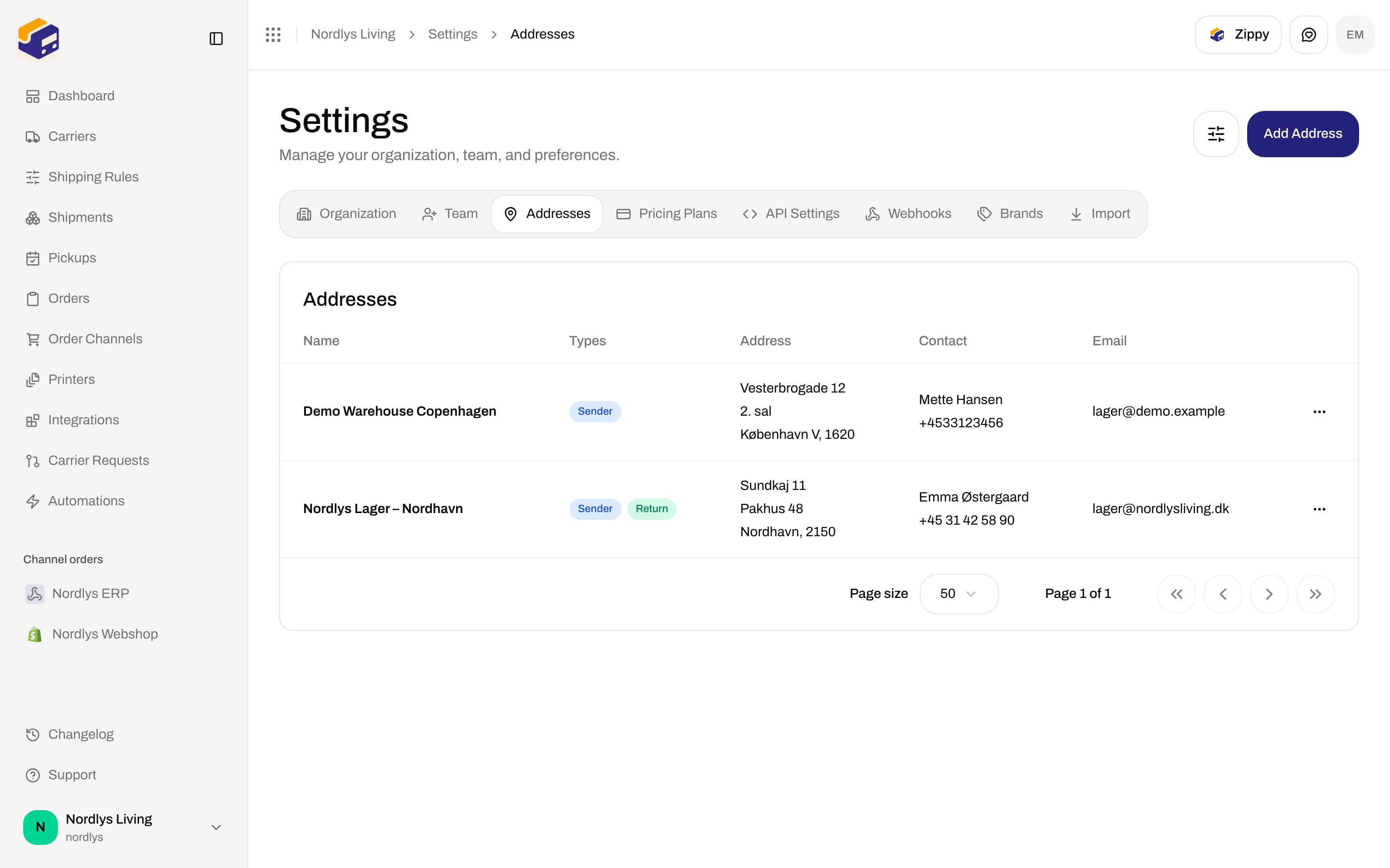 Addresses table with Demo Warehouse Copenhagen (Sender) and Nordlys Lager – Nordhavn (Sender and Return)
