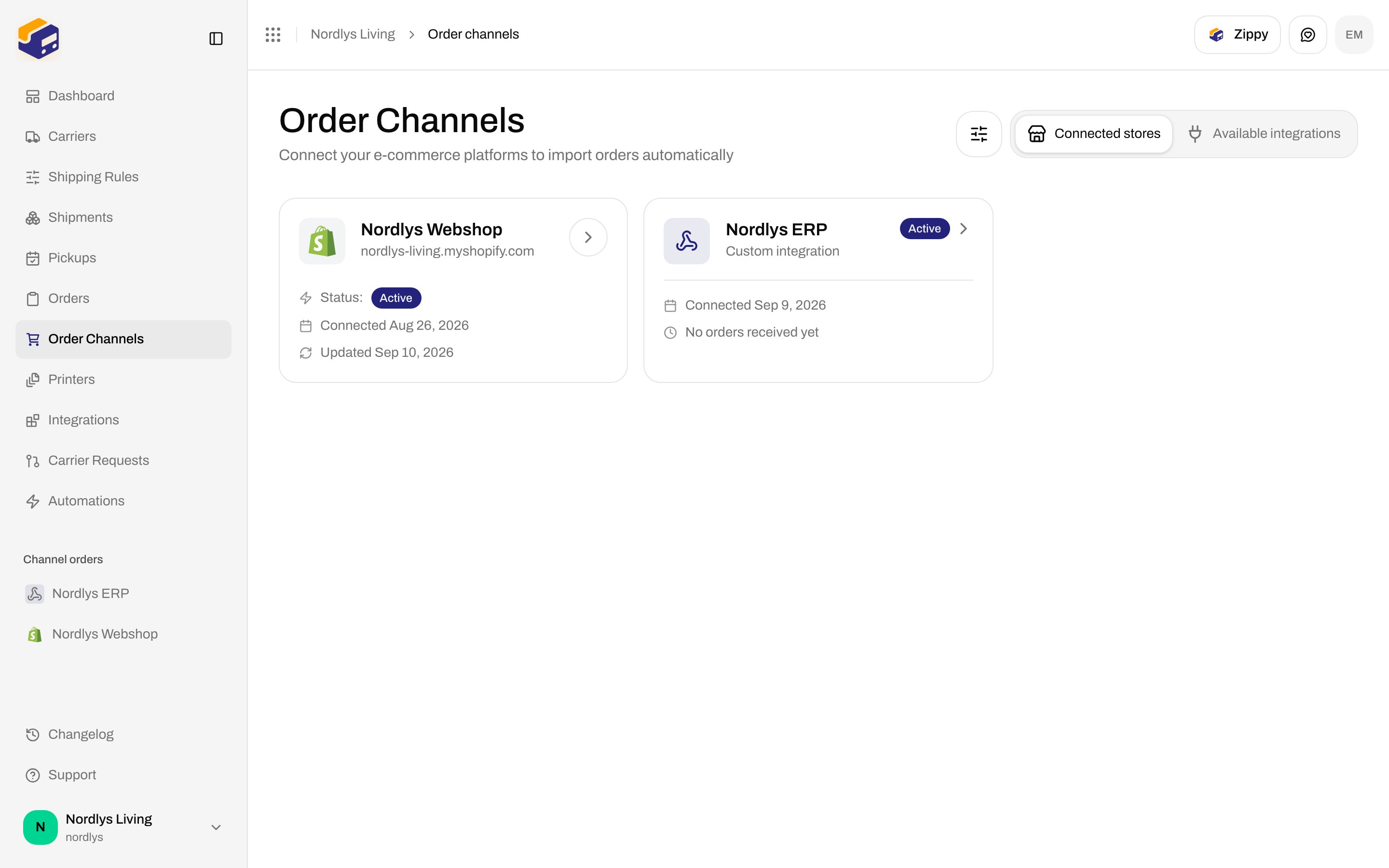 Connected stores tab with Nordlys Webshop (Shopify) and Nordlys ERP (custom integration)