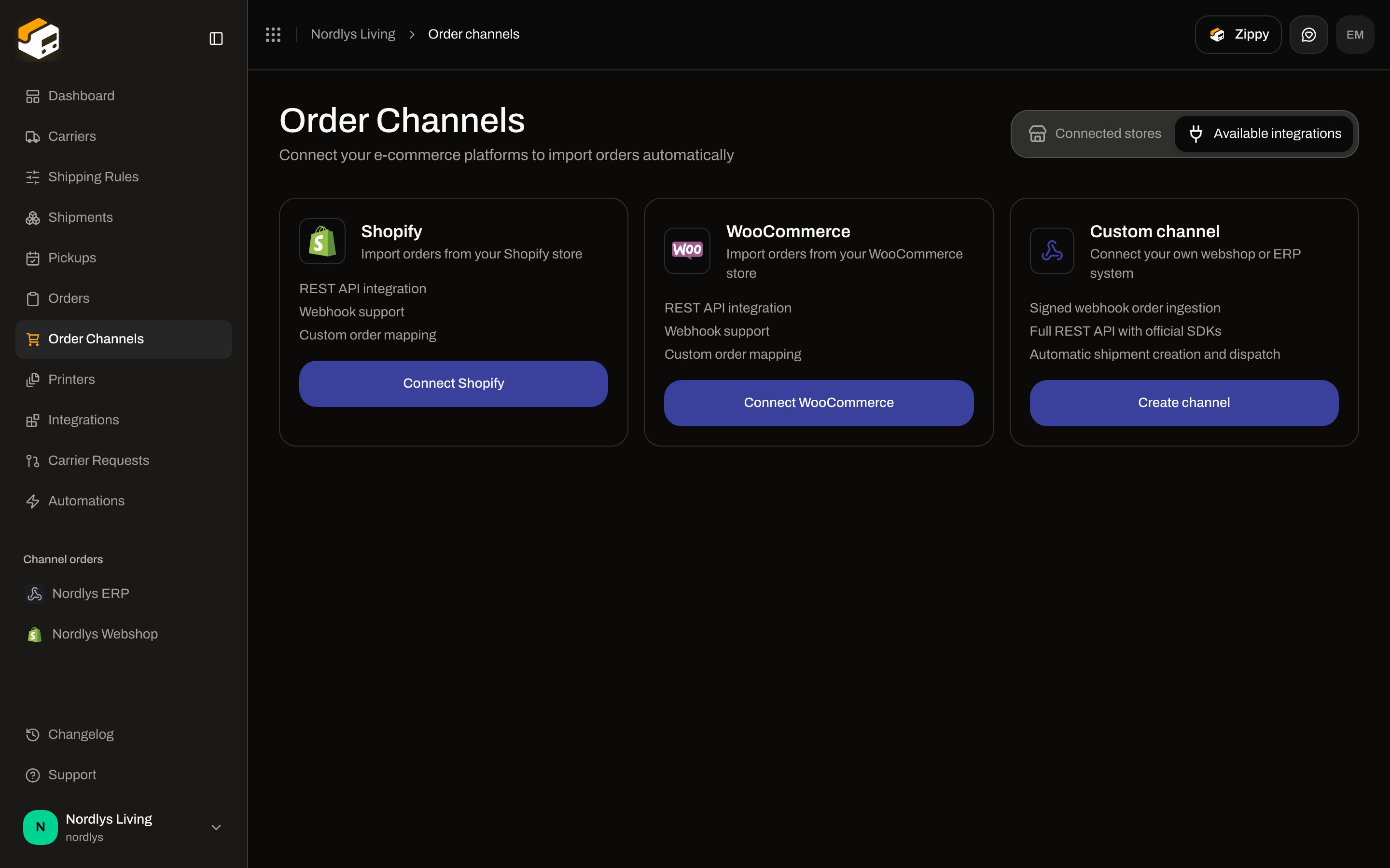 Available integrations catalog with Shopify, WooCommerce, and Custom channel cards