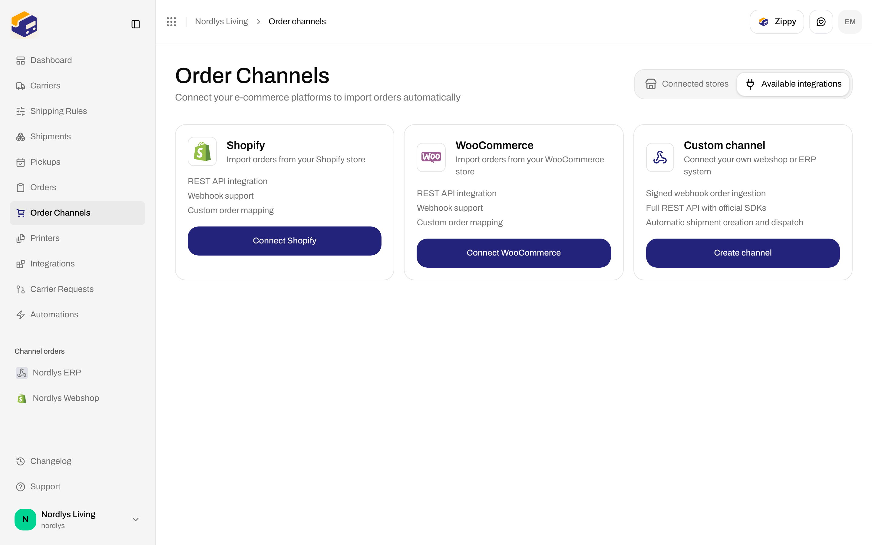 Available integrations catalog with Shopify, WooCommerce, and Custom channel cards