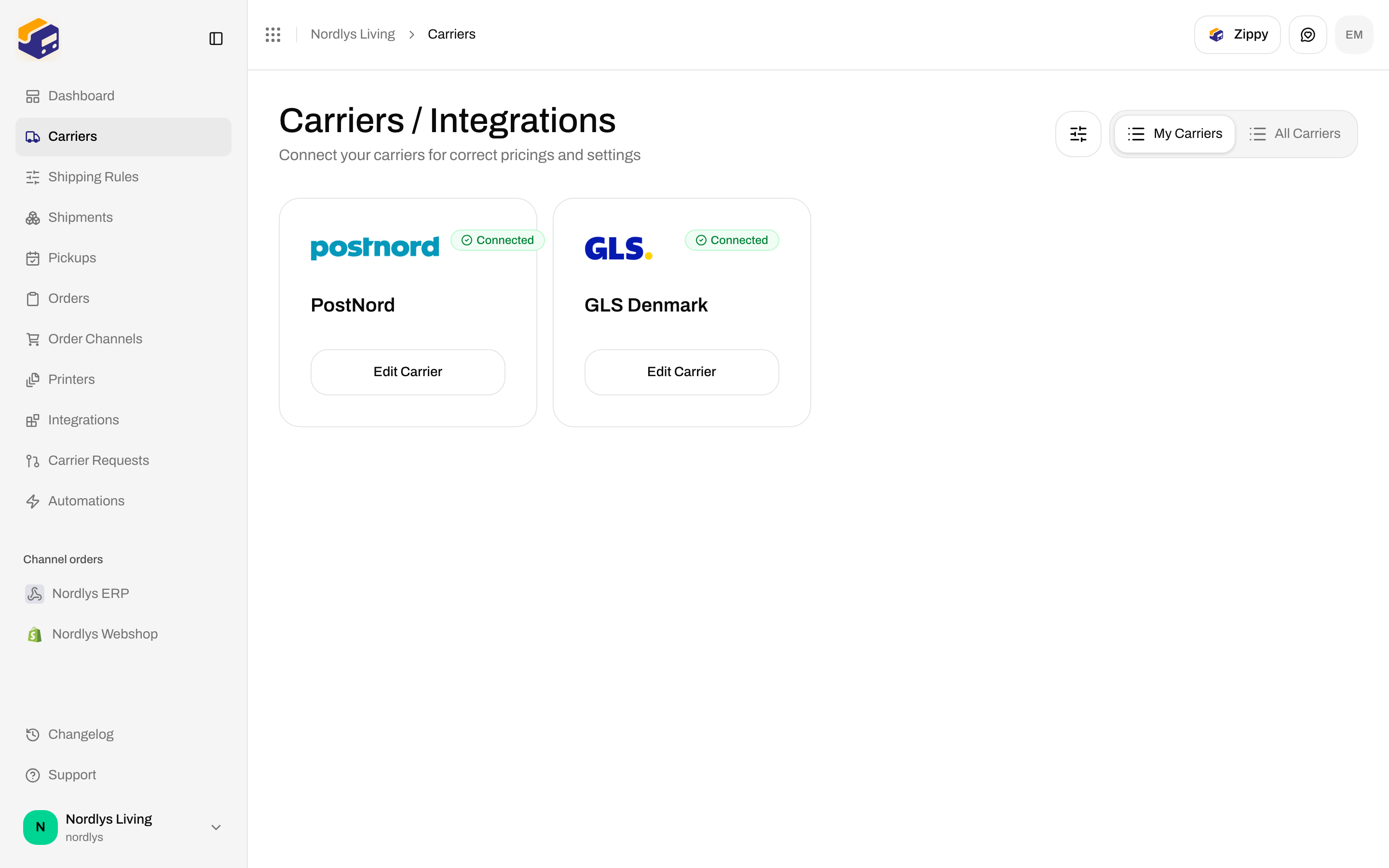 My Carriers tab with PostNord and GLS Denmark both Connected