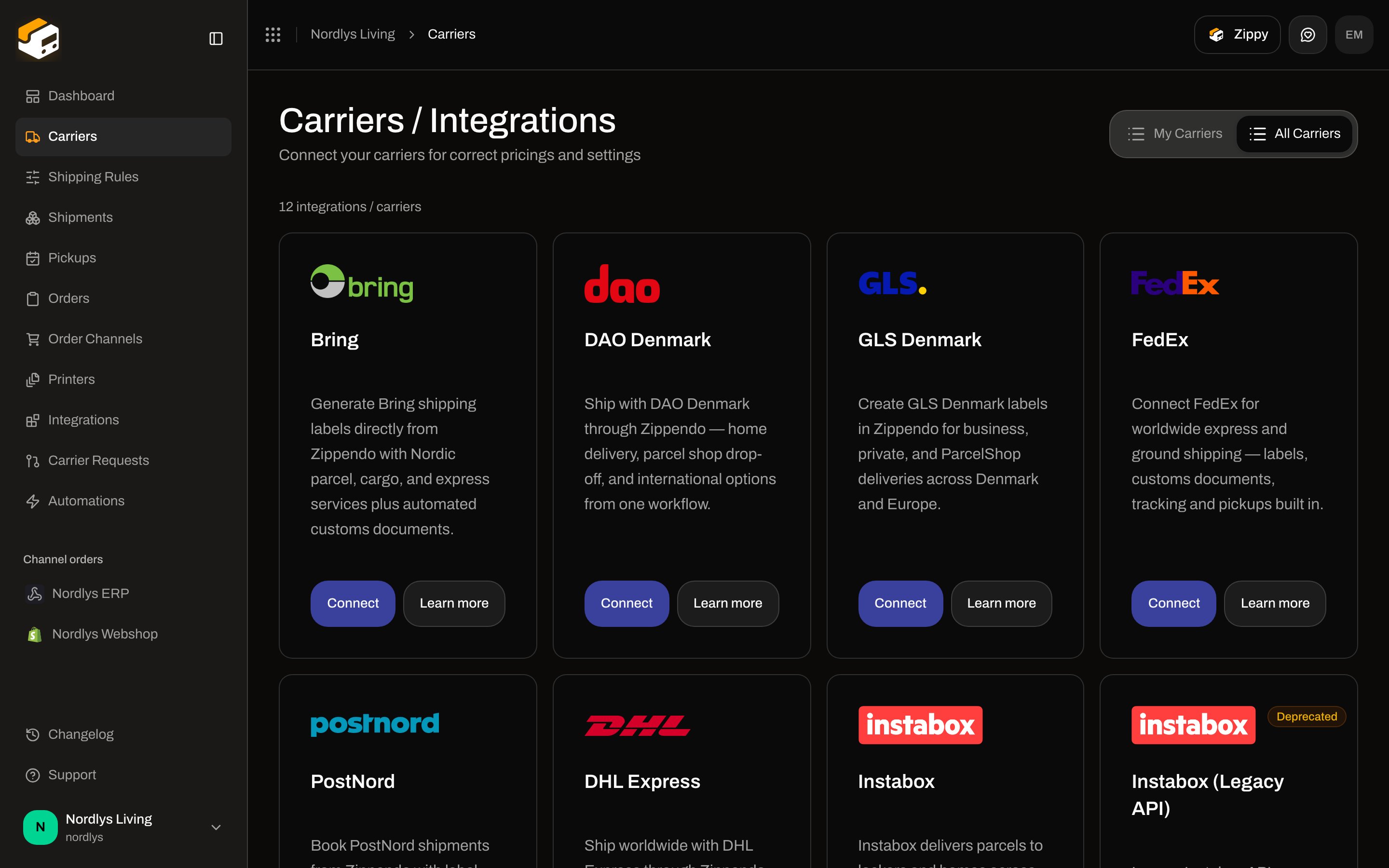 All Carriers catalog with Bring, DAO Denmark, GLS Denmark, FedEx, PostNord, DHL Express, and Instabox