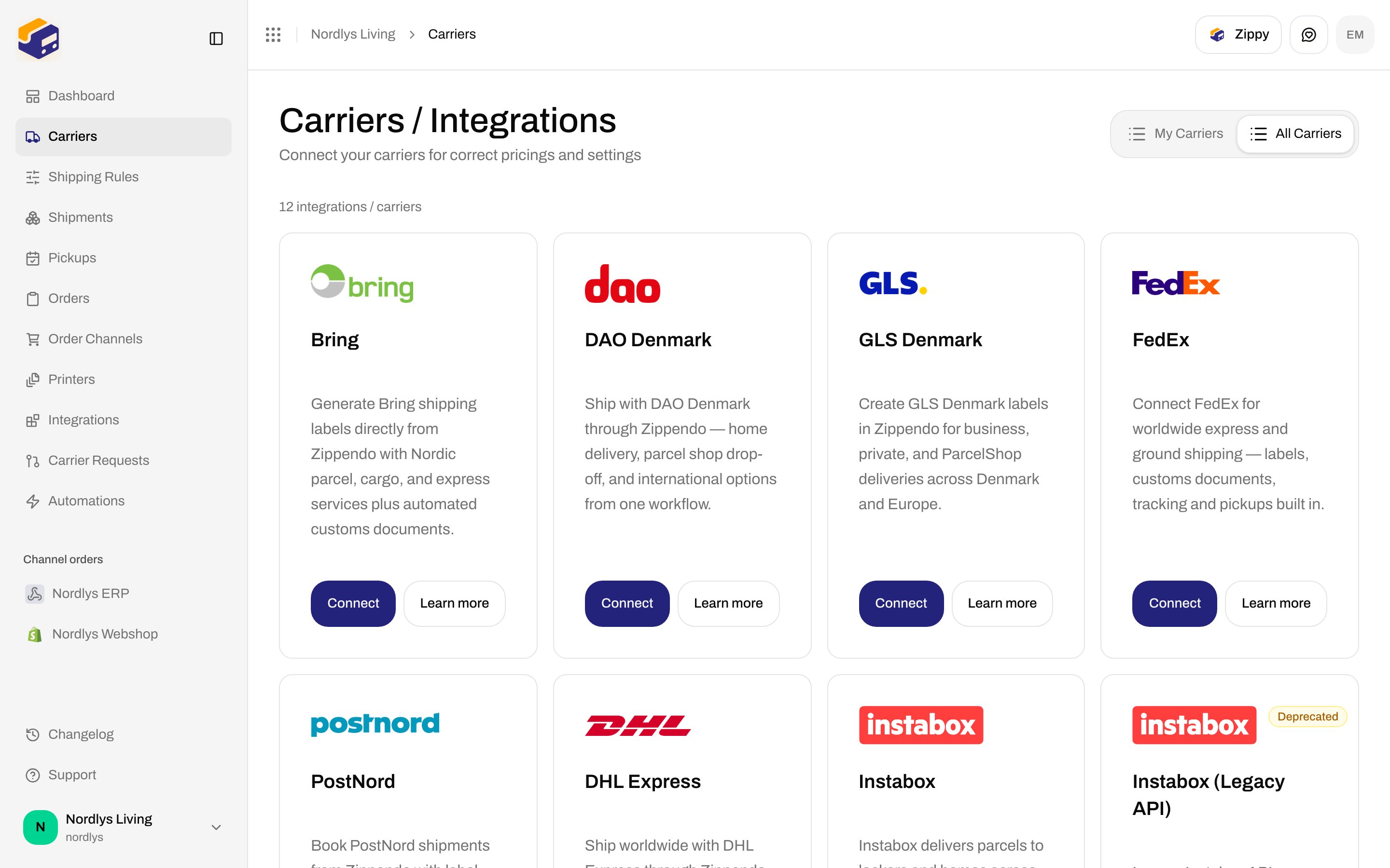 All Carriers catalog with Bring, DAO Denmark, GLS Denmark, FedEx, PostNord, DHL Express, and Instabox