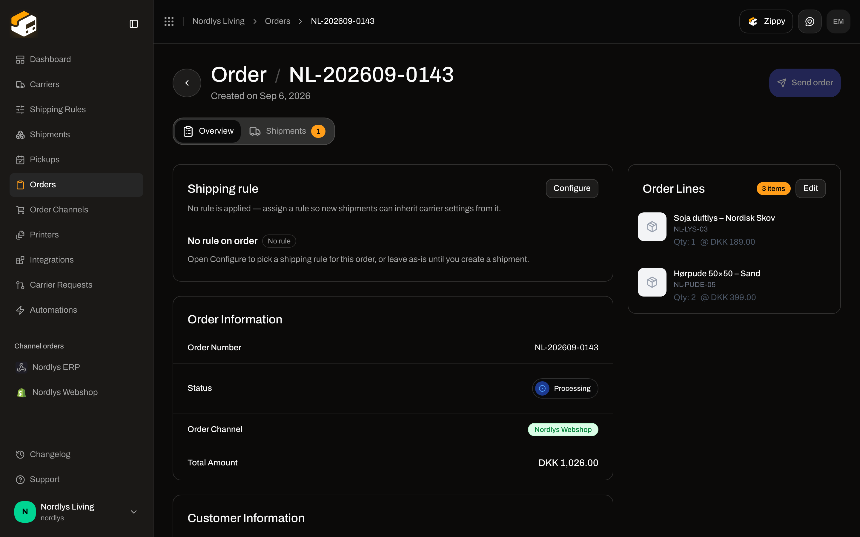 Order NL-202609-0143 with Shipping rule, Order Information, and Order Lines