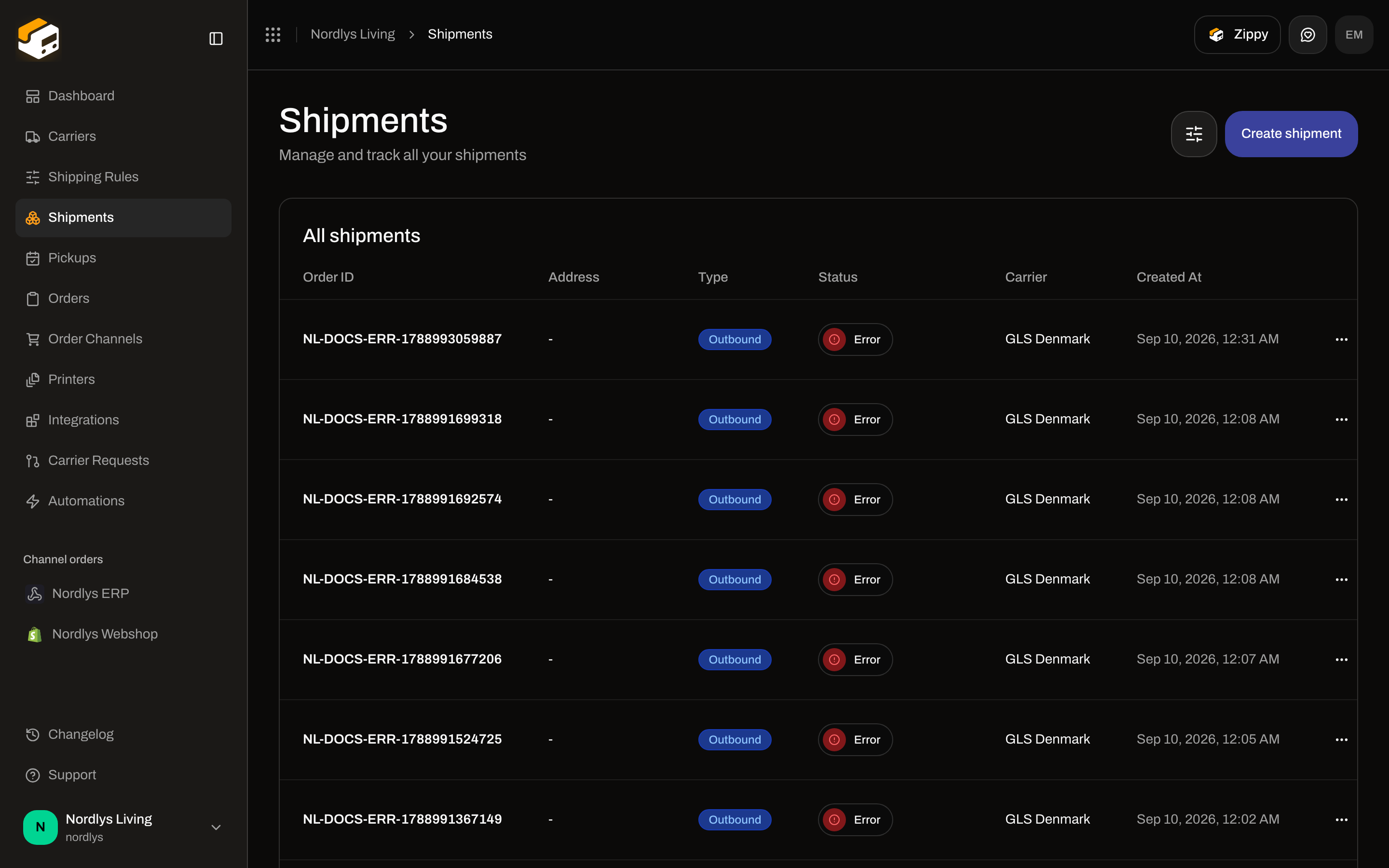 All shipments table with outbound rows in Pending, Cancelled, Dispatched, and Processing