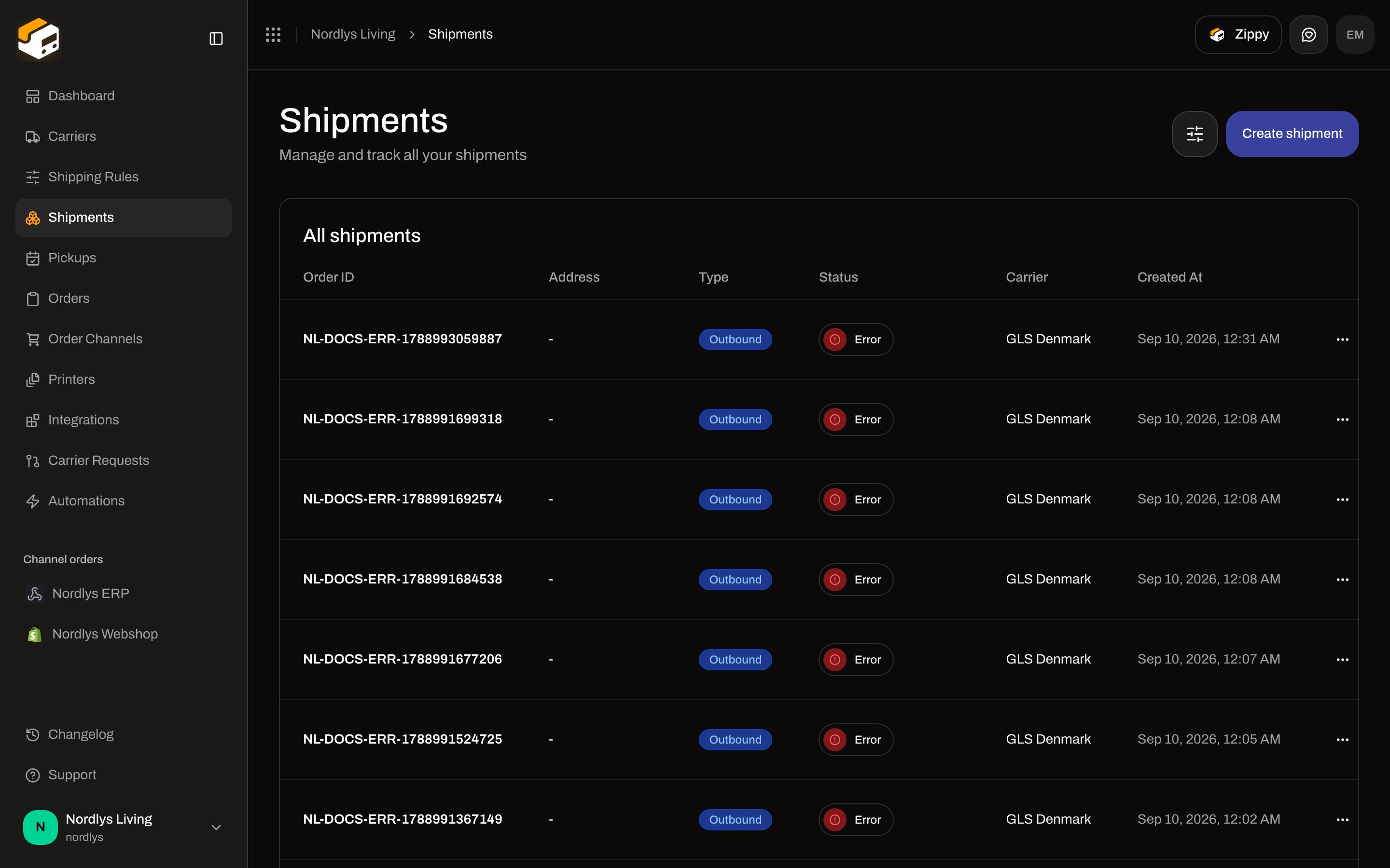 All shipments table with outbound rows in Pending, Cancelled, Dispatched, and Processing