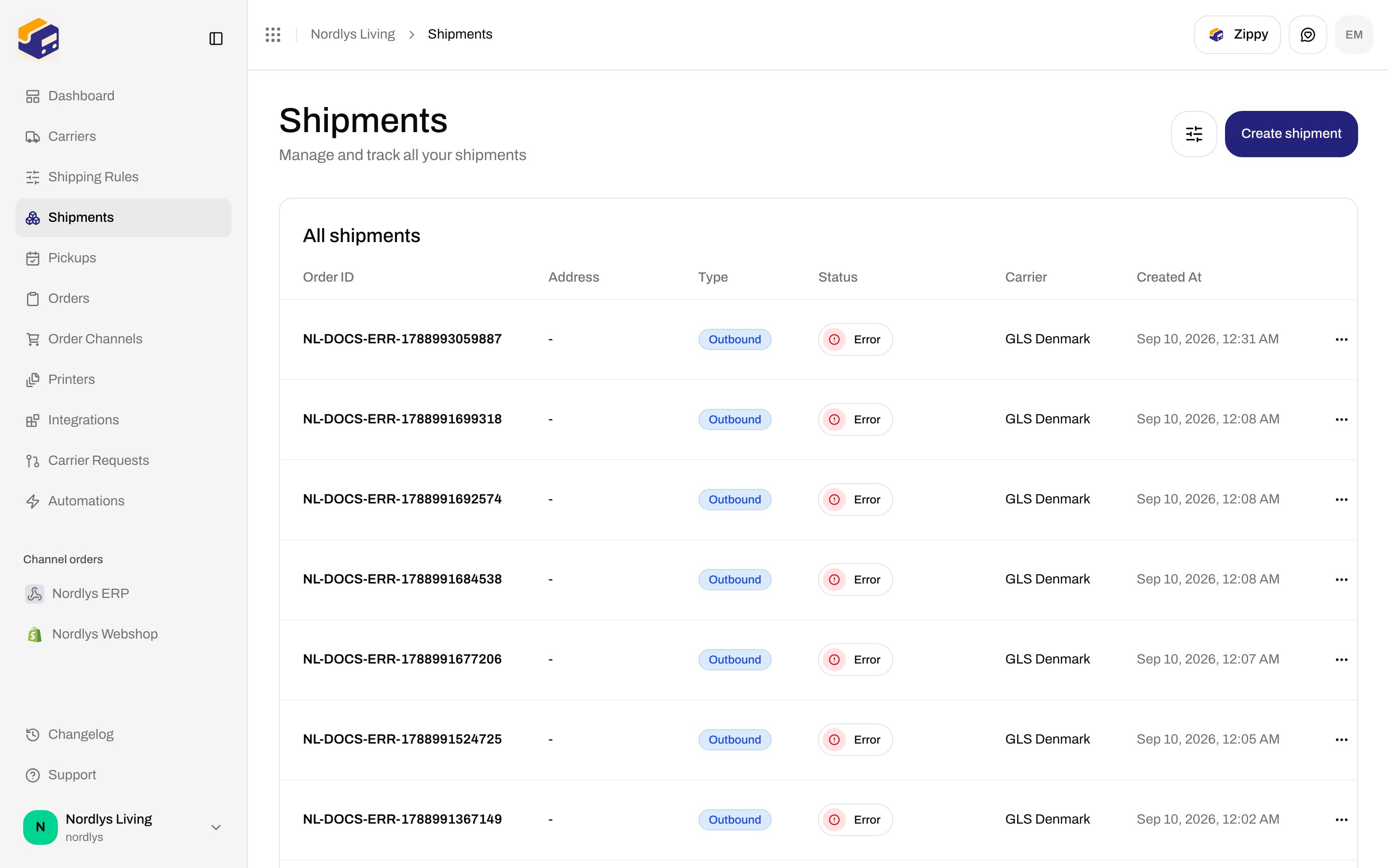 All shipments table with outbound rows in Pending, Cancelled, Dispatched, and Processing