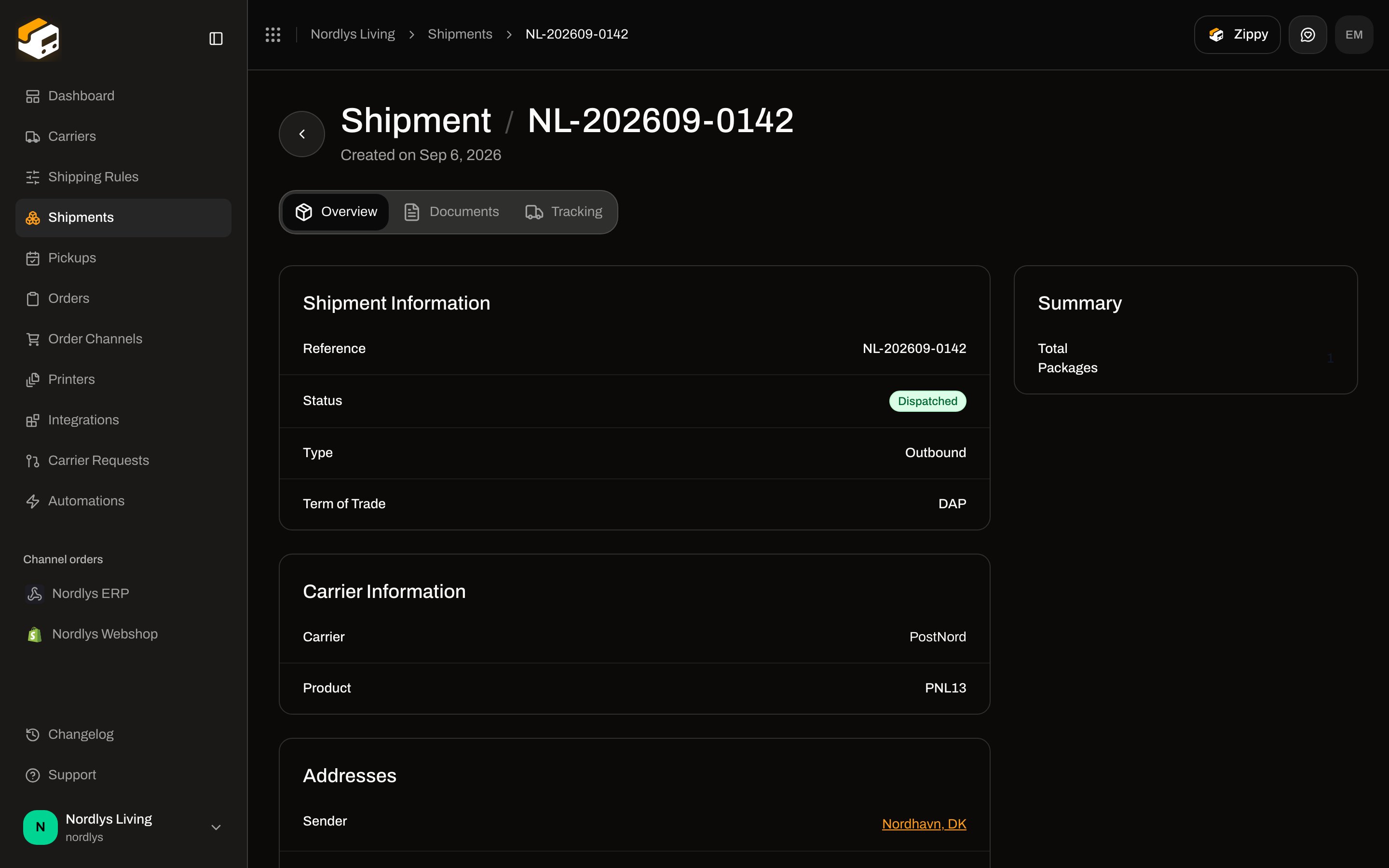 Shipment NL-202609-0142 overview with Dispatched status, PostNord, and sender address