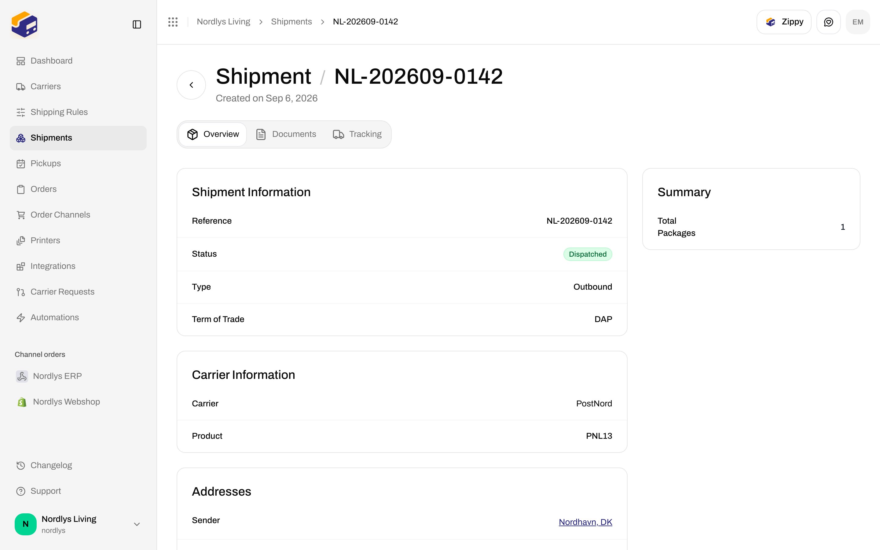 Shipment NL-202609-0142 overview with Dispatched status, PostNord, and sender address