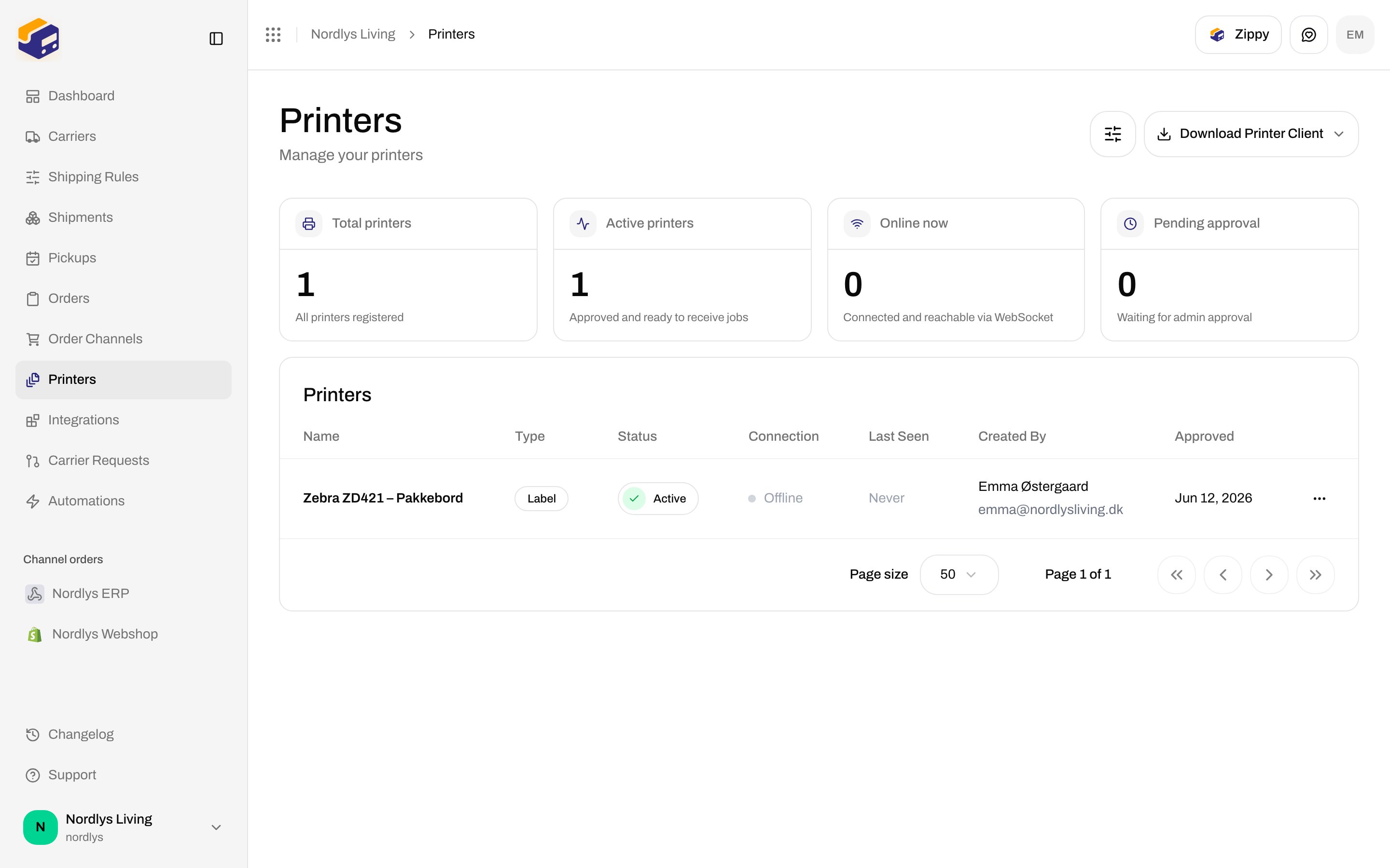 Printers list with Zebra ZD421 – Pakkebord, Active, Offline