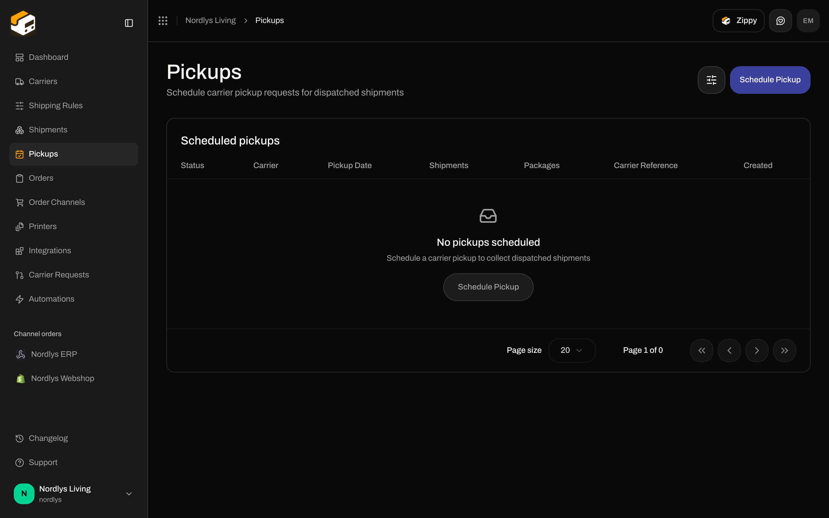 Pickups empty state No pickups scheduled with Schedule Pickup