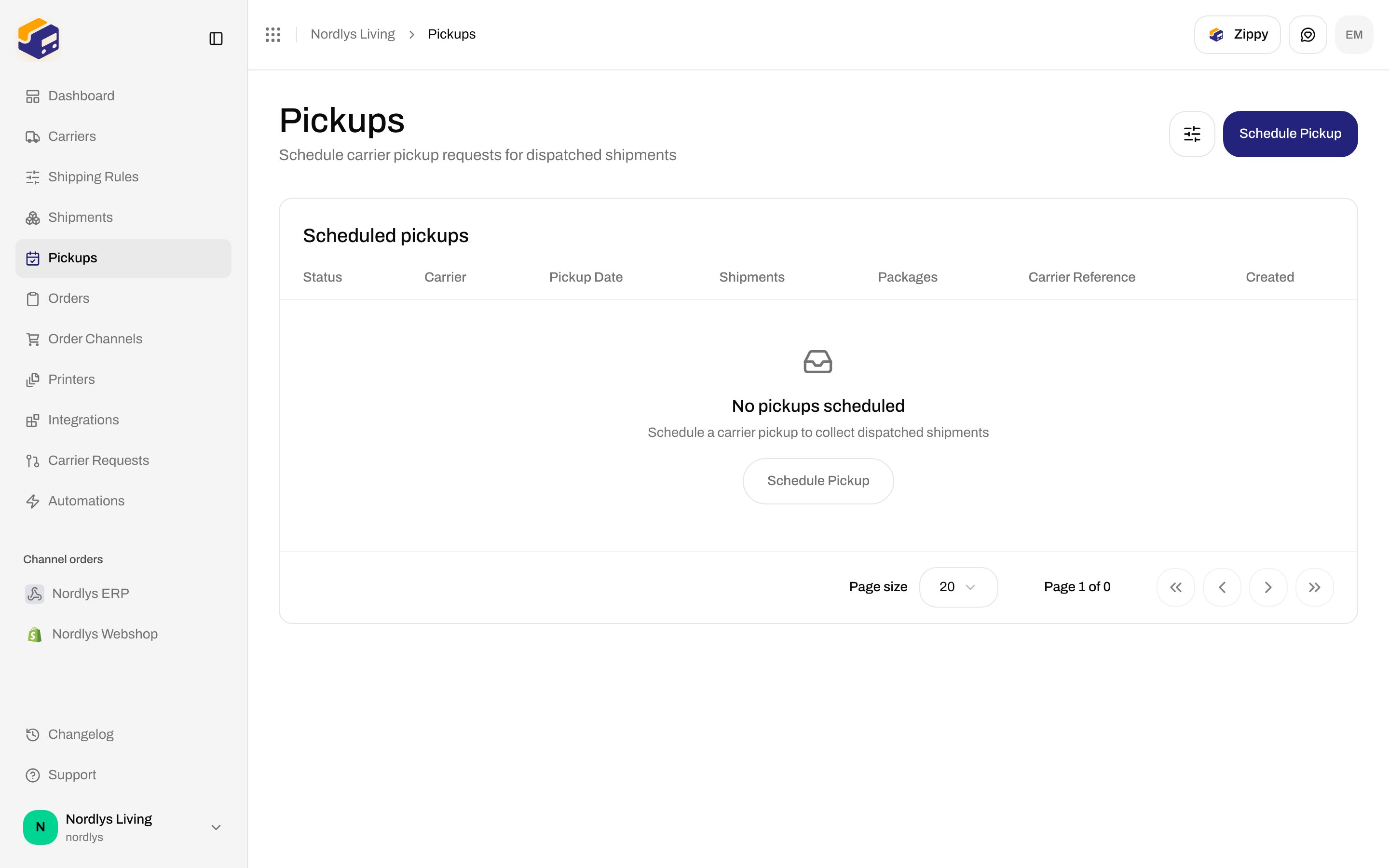 Pickups empty state No pickups scheduled with Schedule Pickup